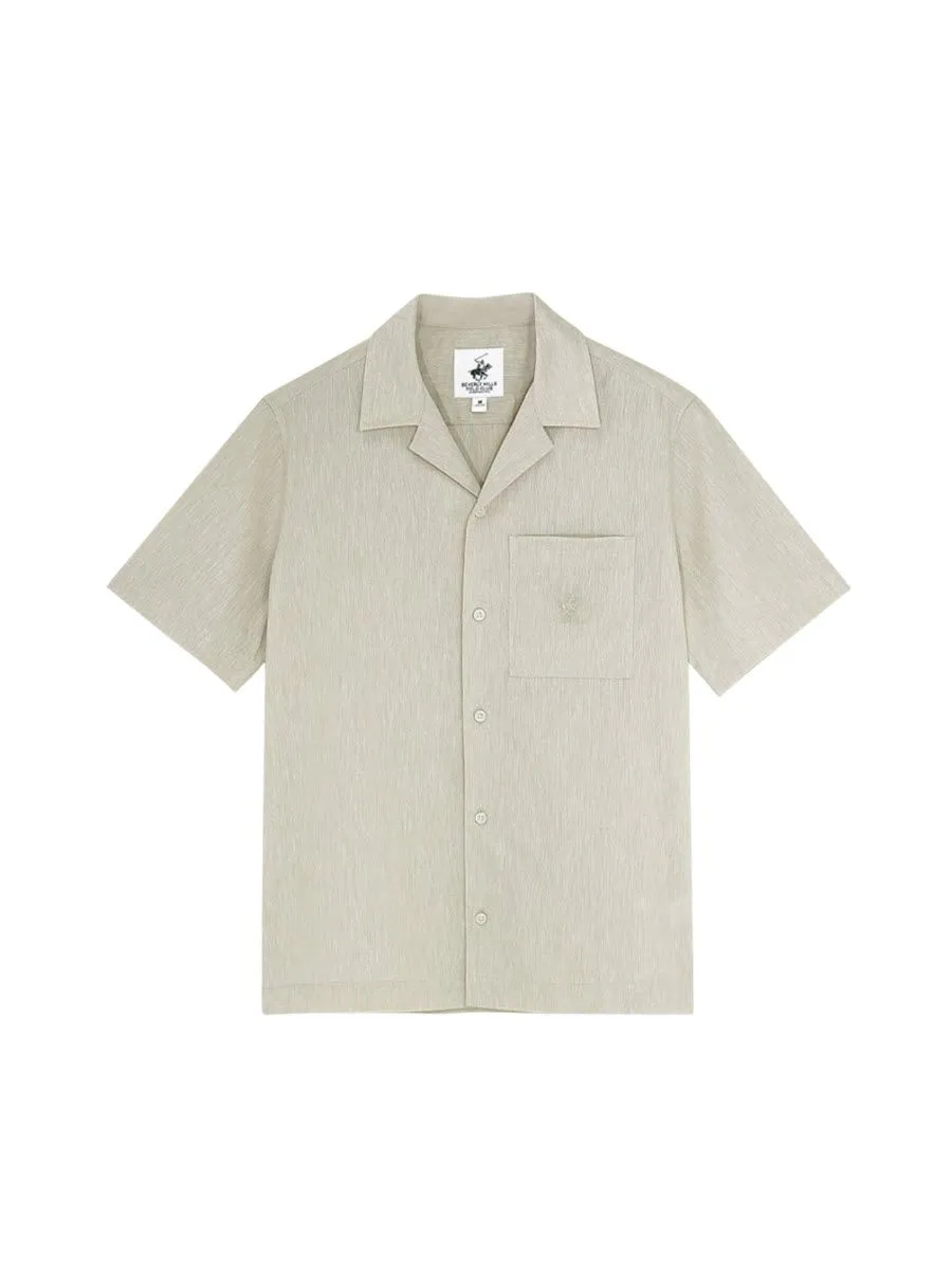 BEVERLY HILLS POLO CLUB Men Cotton Linen Open Collar Shirt Short Sleeve, Khaki