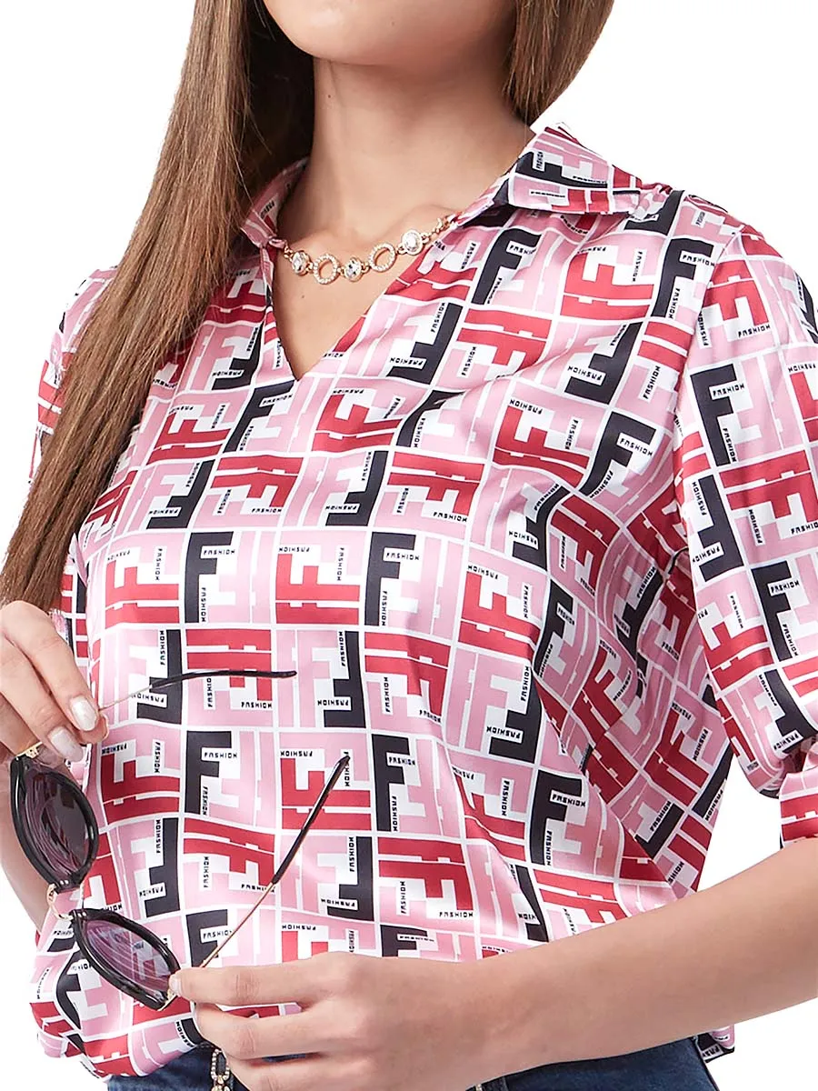 F-FASHION V-Cut Neck Satin Blouse Women MID PINK