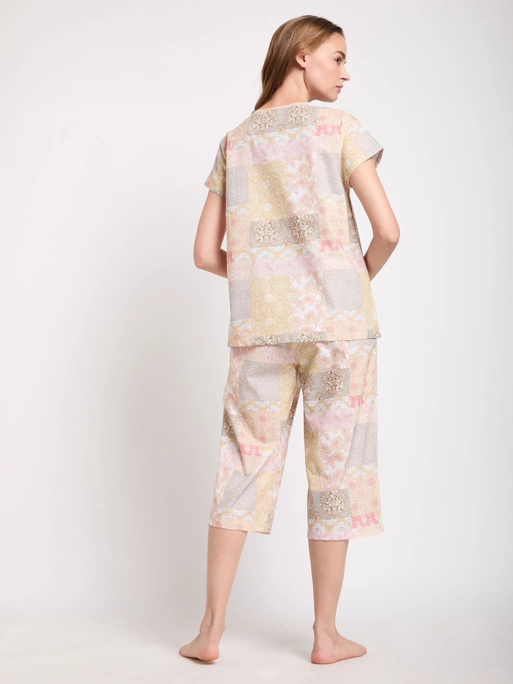 CLAUDIA'S ROMANCE Women Pajamas Polo Style Short Sleeves + 4-Part Pants Brown