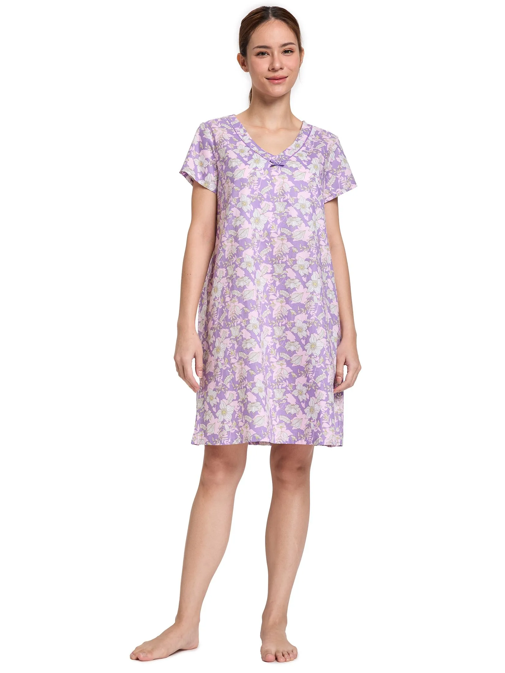 CLAUDIA'S ROMANCE Women Pyjamas Dress Short Sleeves V-Neck Print Violet