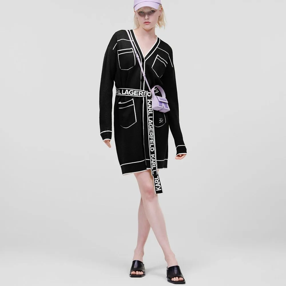 KARL LAGERFELD KARL LOGO BELTED CARDIGAN BLACK/WHITE