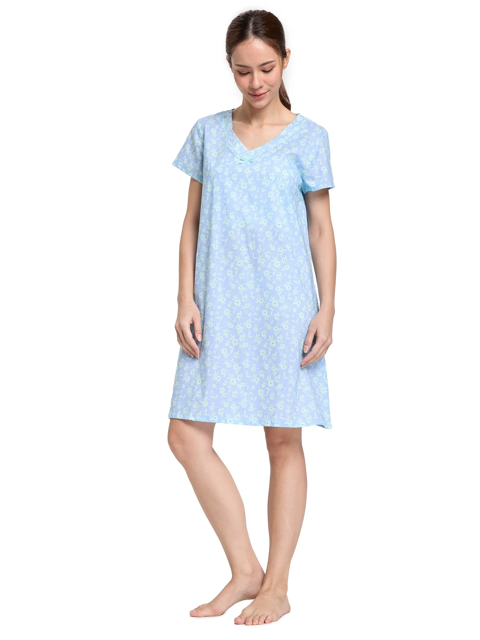 CLAUDIA'S ROMANCE Women Pyjamas Dress Short Sleeves V-Neck Floral Print Blue