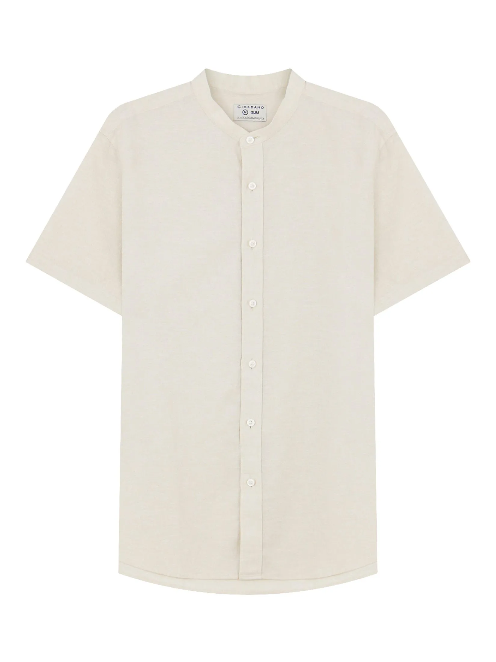GIORDANO Men's Slim Mandarin Collar Linen Shirt Silver Cloud khaki