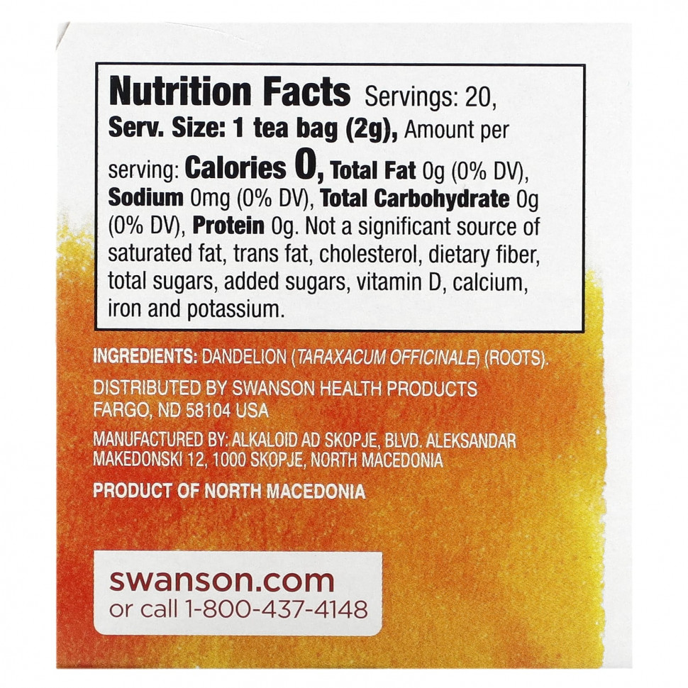 Swanson, Чай из корня одуванчика, без кофеина, 20 чайных пакетиков, 40 г (1,4 унции)