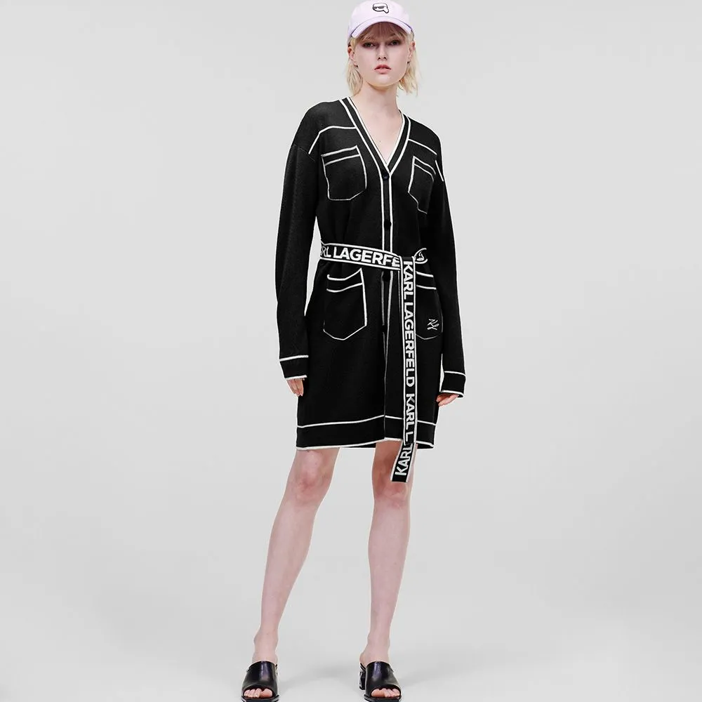 KARL LAGERFELD KARL LOGO BELTED CARDIGAN BLACK/WHITE