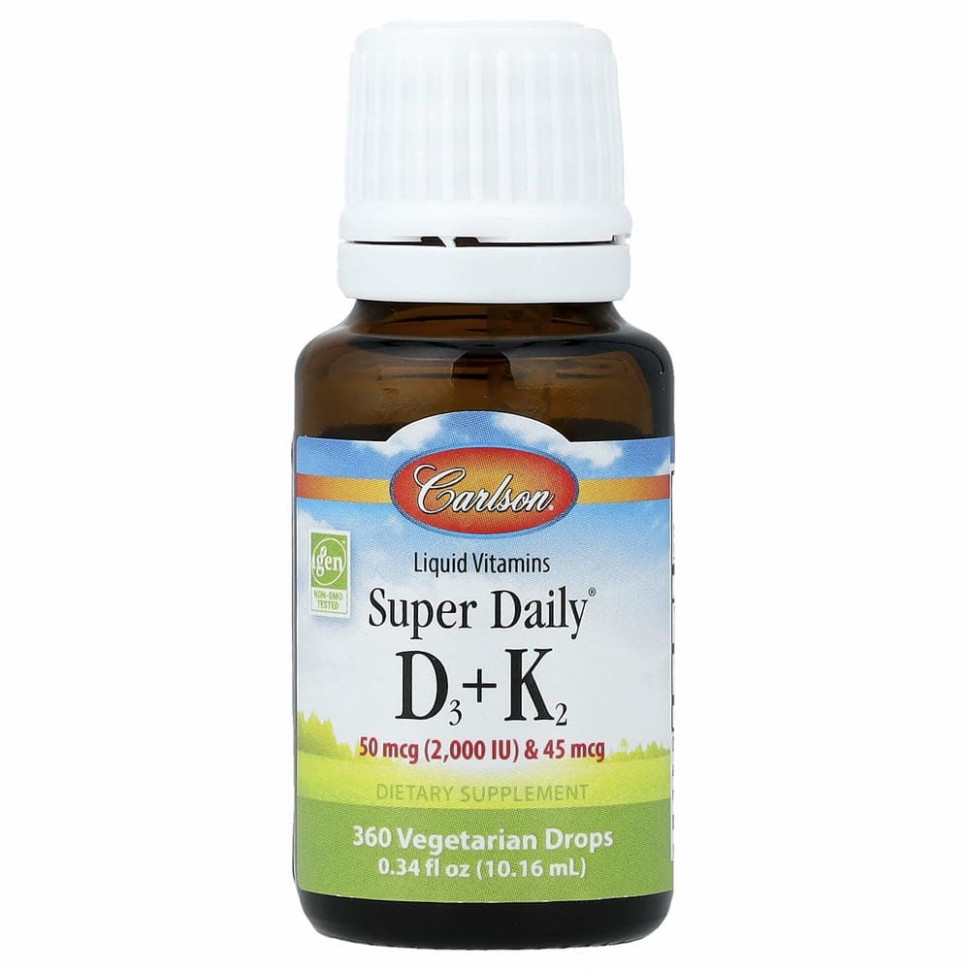 Carlson Labs, Super Daily витамины D3 и K2 в жидкой форме, 25 мкг (1000 МЕ) и 22,5 мкг, растительная формула, 360 вегетарианских капель, 10,16 мл (0,34 жидк. унции)