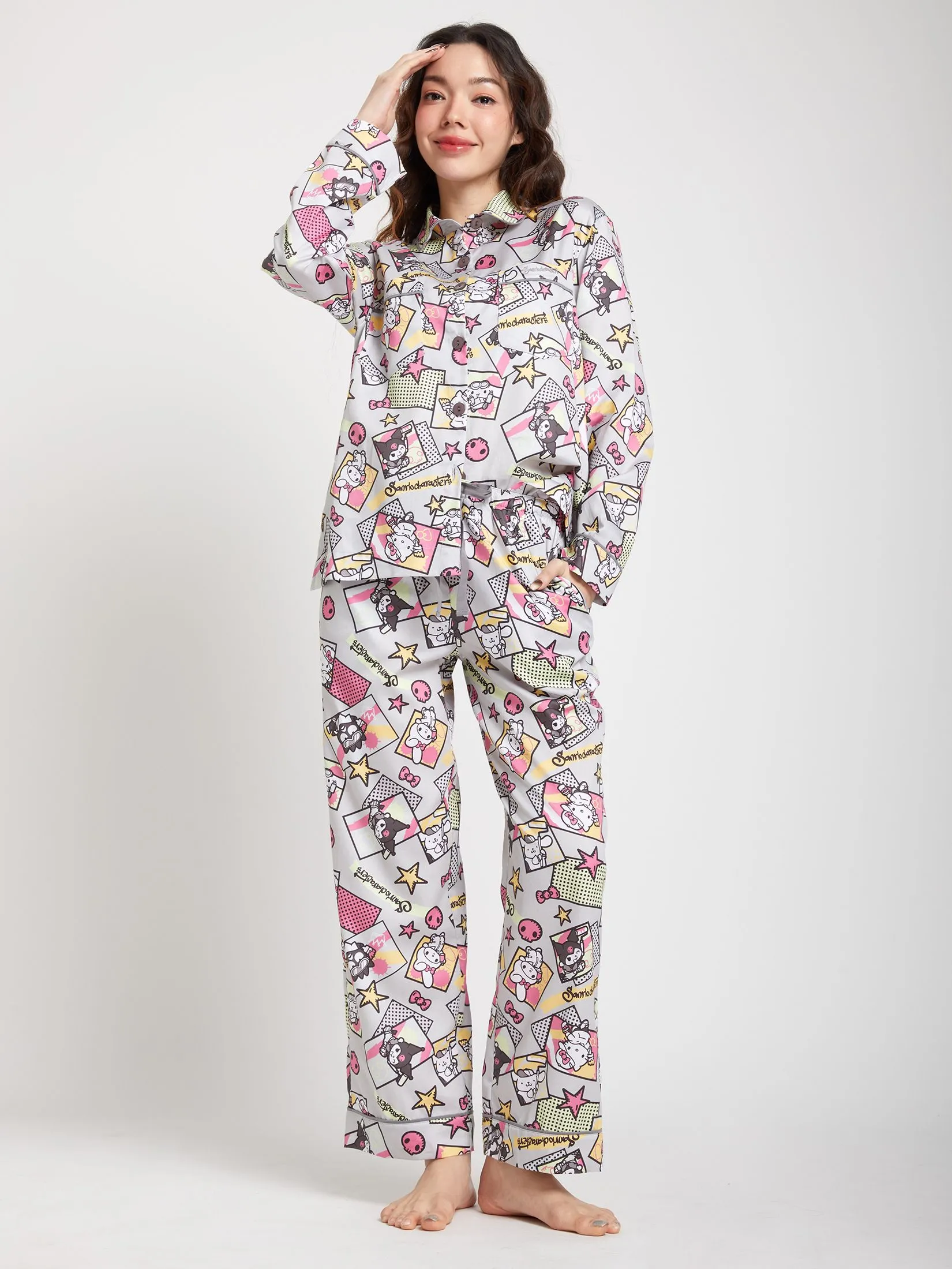 SANRIO Women Pyjamas Long Sleeves Shirt Pants Mix Character Grey