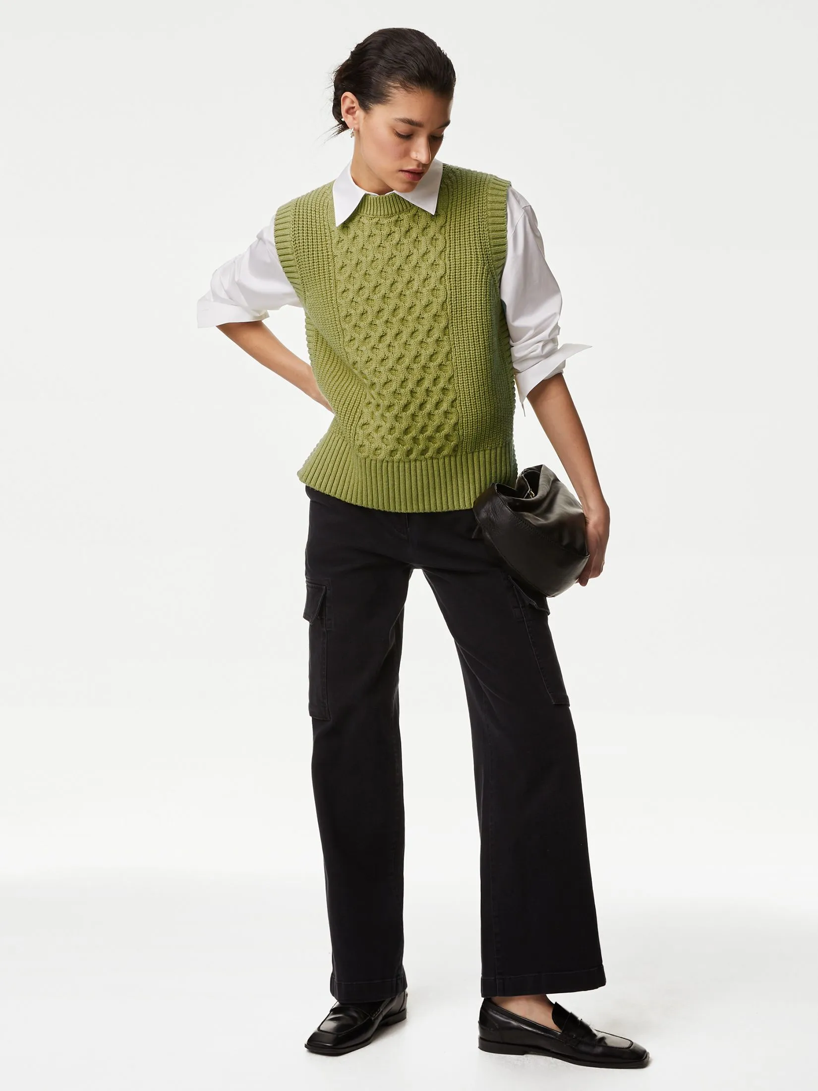 MARKS & SPENCER Women Vest Wool Rich Cable Knit Round Neck Knitted Willow