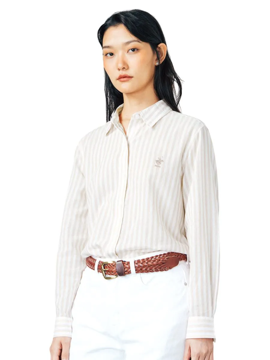 BEVERLY HILLS POLO CLUB Women Cotton Twill Relax Fit Shirt Long Sleeve, Striped