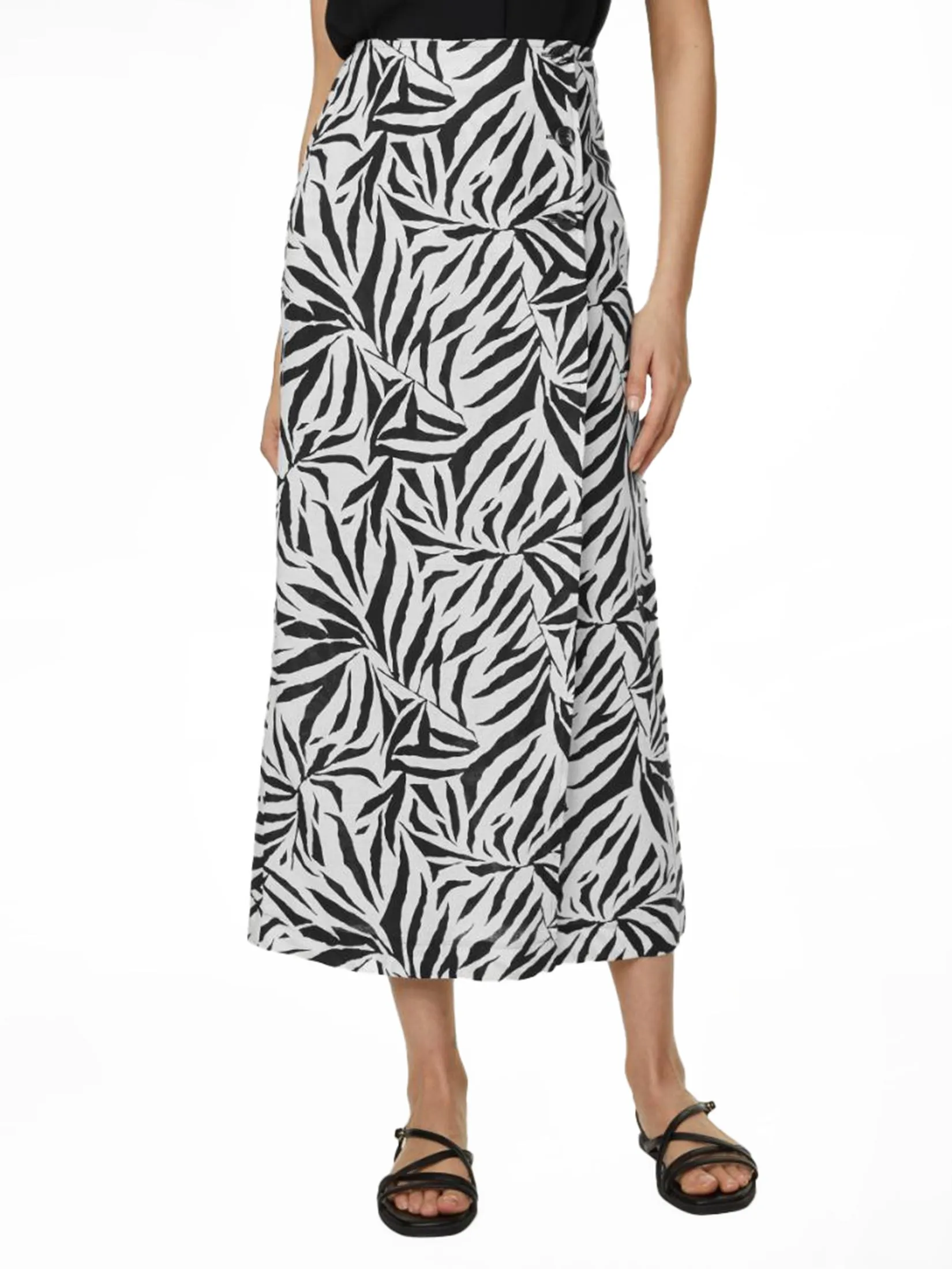 MARKS & SPENCER Women Midaxi Wrap Skirt Linen Rich Palm Print Ivory Mix
