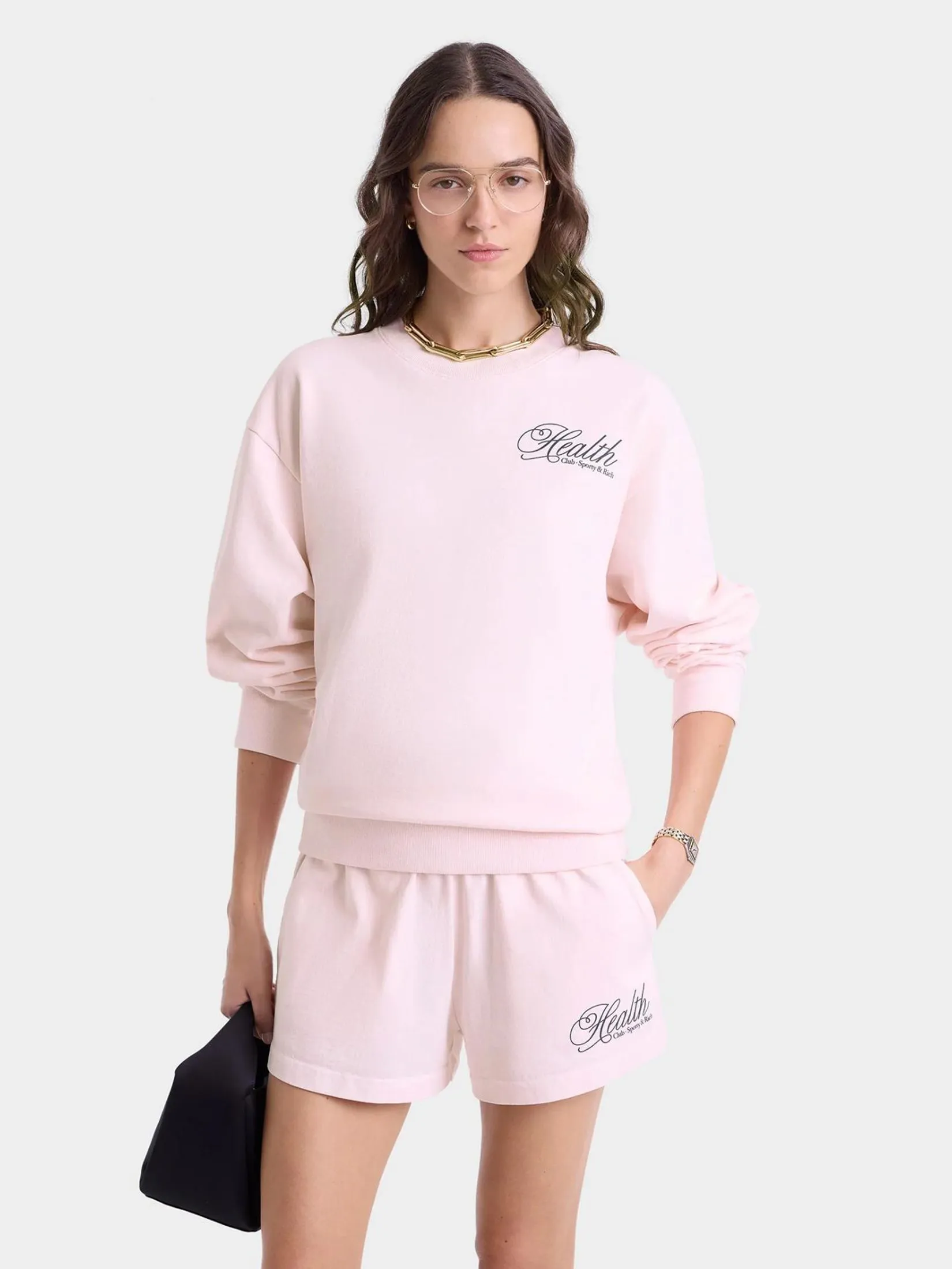 SPORTY & RICH Unisex Crewneck Health Script - Pink Dolphin/Navy