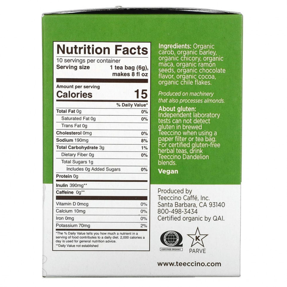 Teeccino, Organic Roasted Herbal Tea, Maca Chocolate, Caffeine Free, 10 Tea Bags, 2.12 oz (60 g)