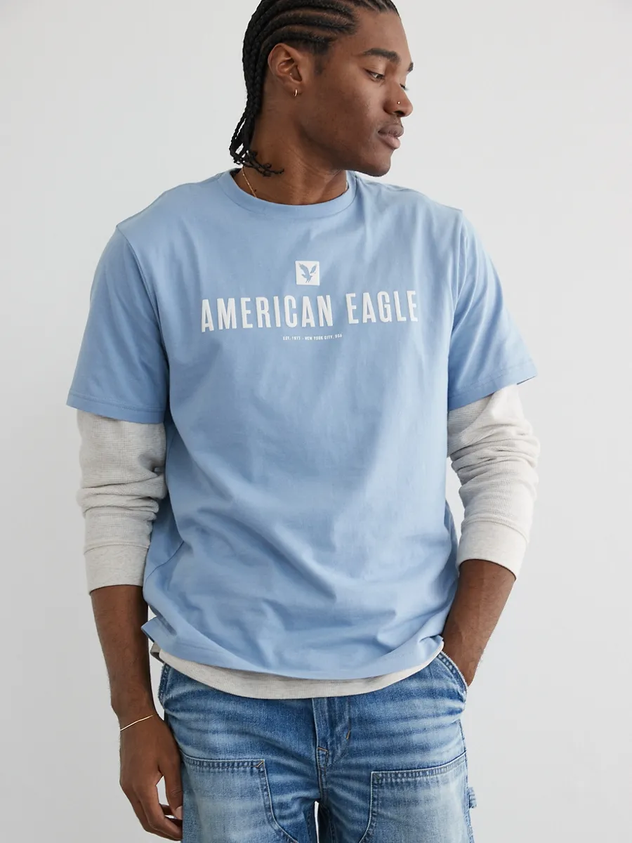 AMERICAN EAGLE MEN G SS CORE BRAND SET IN TEE- PC DYE + SERIOUSLY SOFT WASH 440 SOFT BLUE