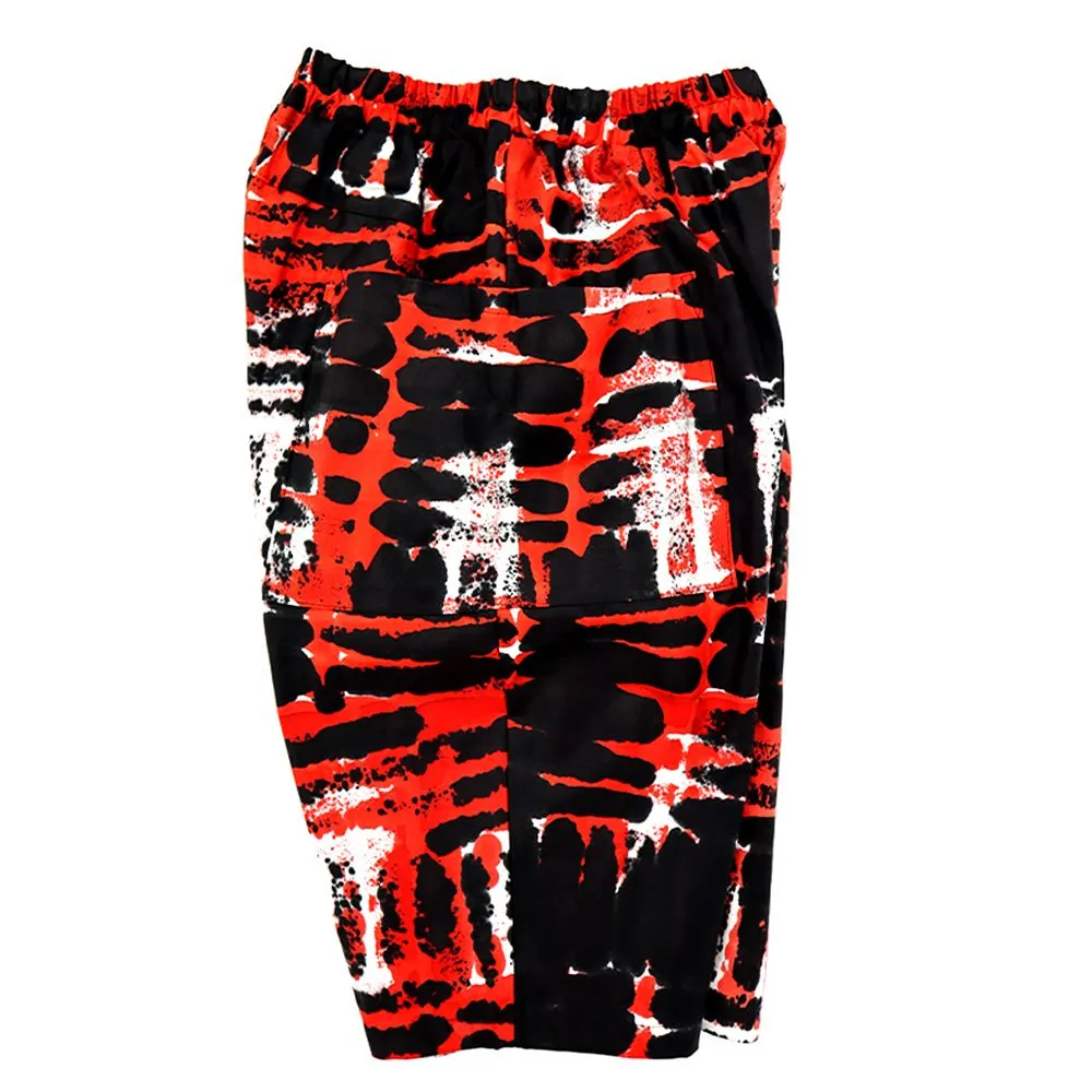 LAGOM Red Short Pants : Red Geometric Line Pattern Pants