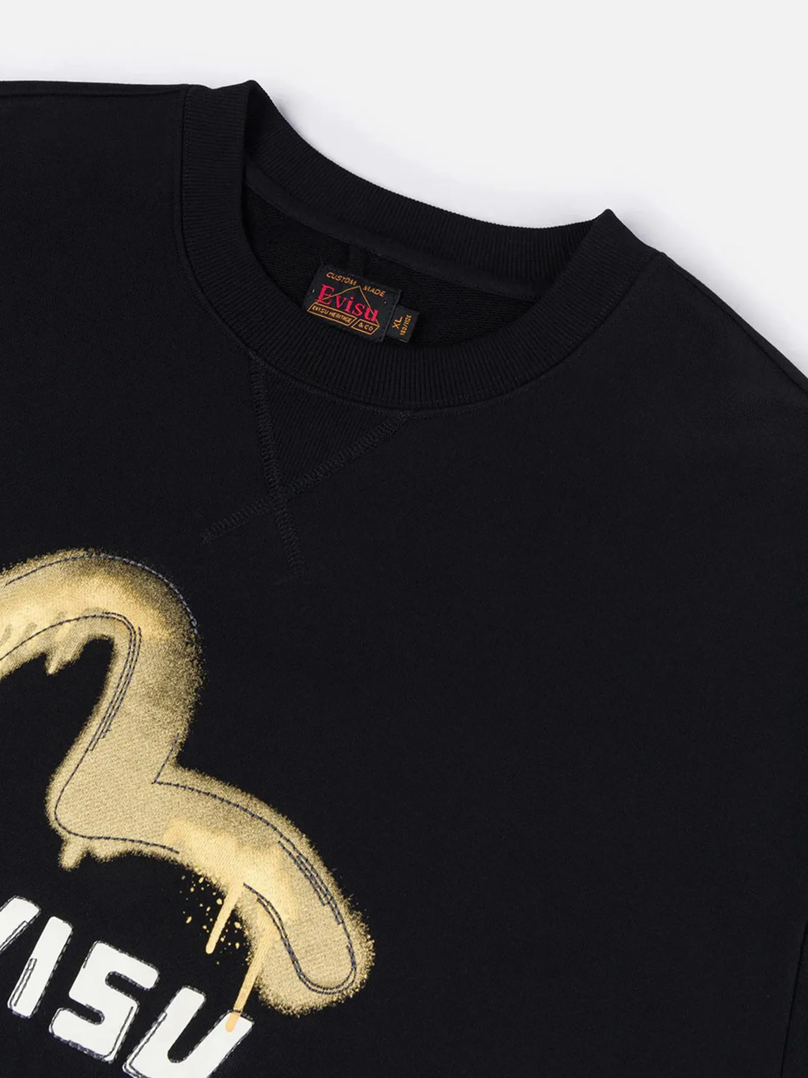 EVISU Men Sweatshirt Graffiti Seagull Print and Sashiko Relax Fit Black