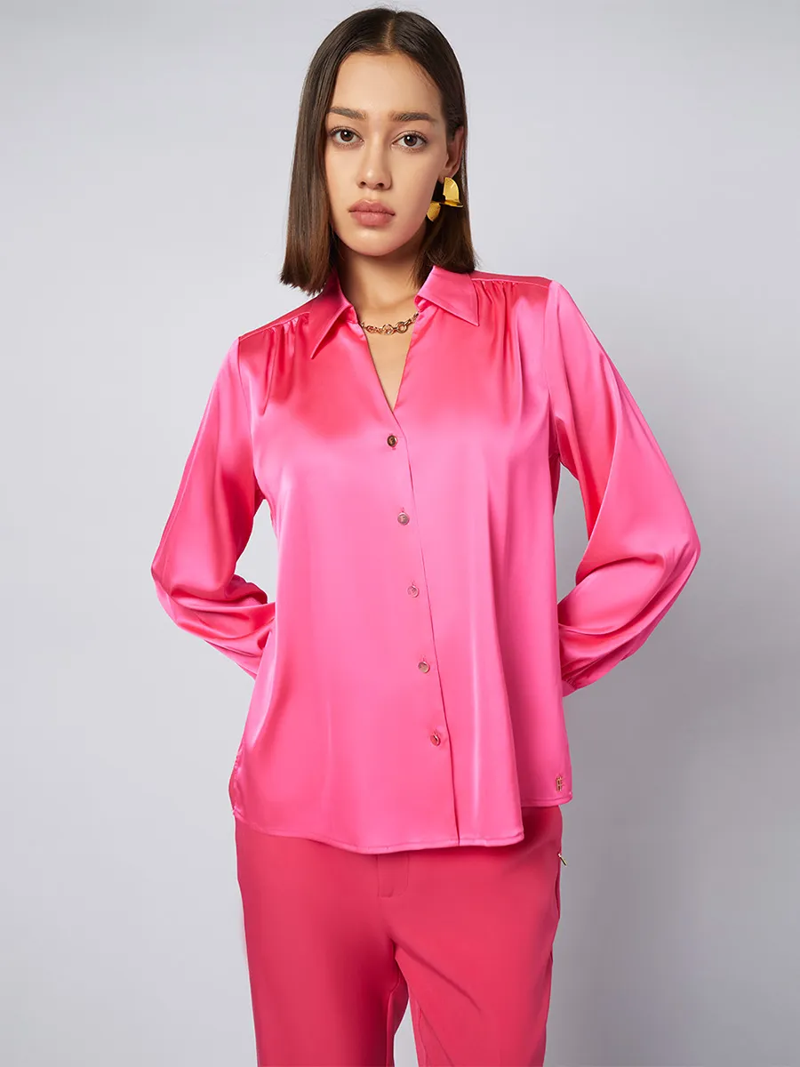 F-FASHION V-Neck Satin Shirt Women Mid Pink