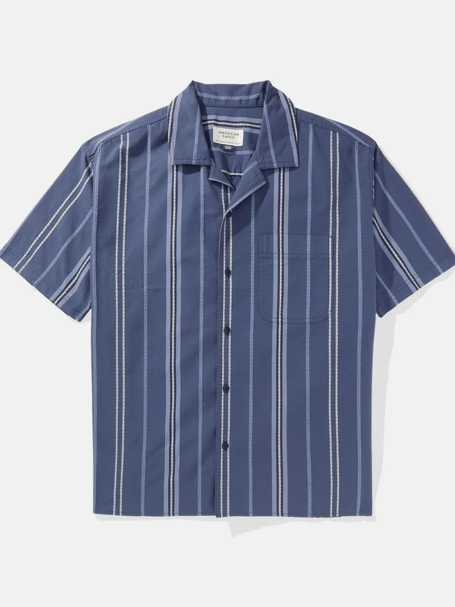 AMERICAN EAGLE MEN ALVIN DOBBY SS OVERSIZED CAMP COLLAR DOBBY SHIRT 445 INDIGO WATERS