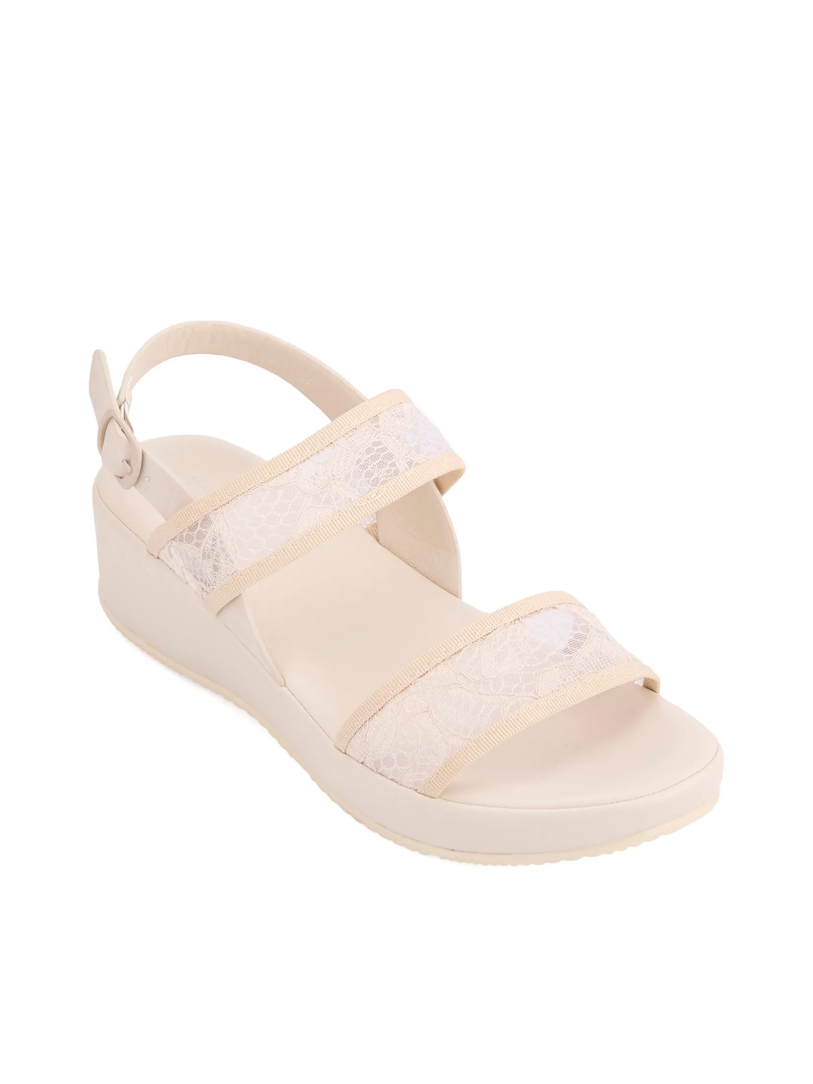 EVERSINCE Women Wedge Sandals Buckle Strap Ivory