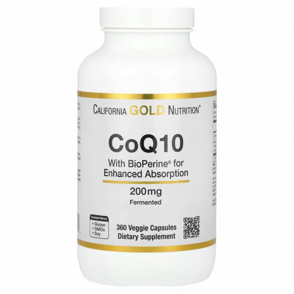 California Gold Nutrition, коэнзим Q10 USP с экстрактом BioPerine, 200 мг, 360 вегетарианских капсул
