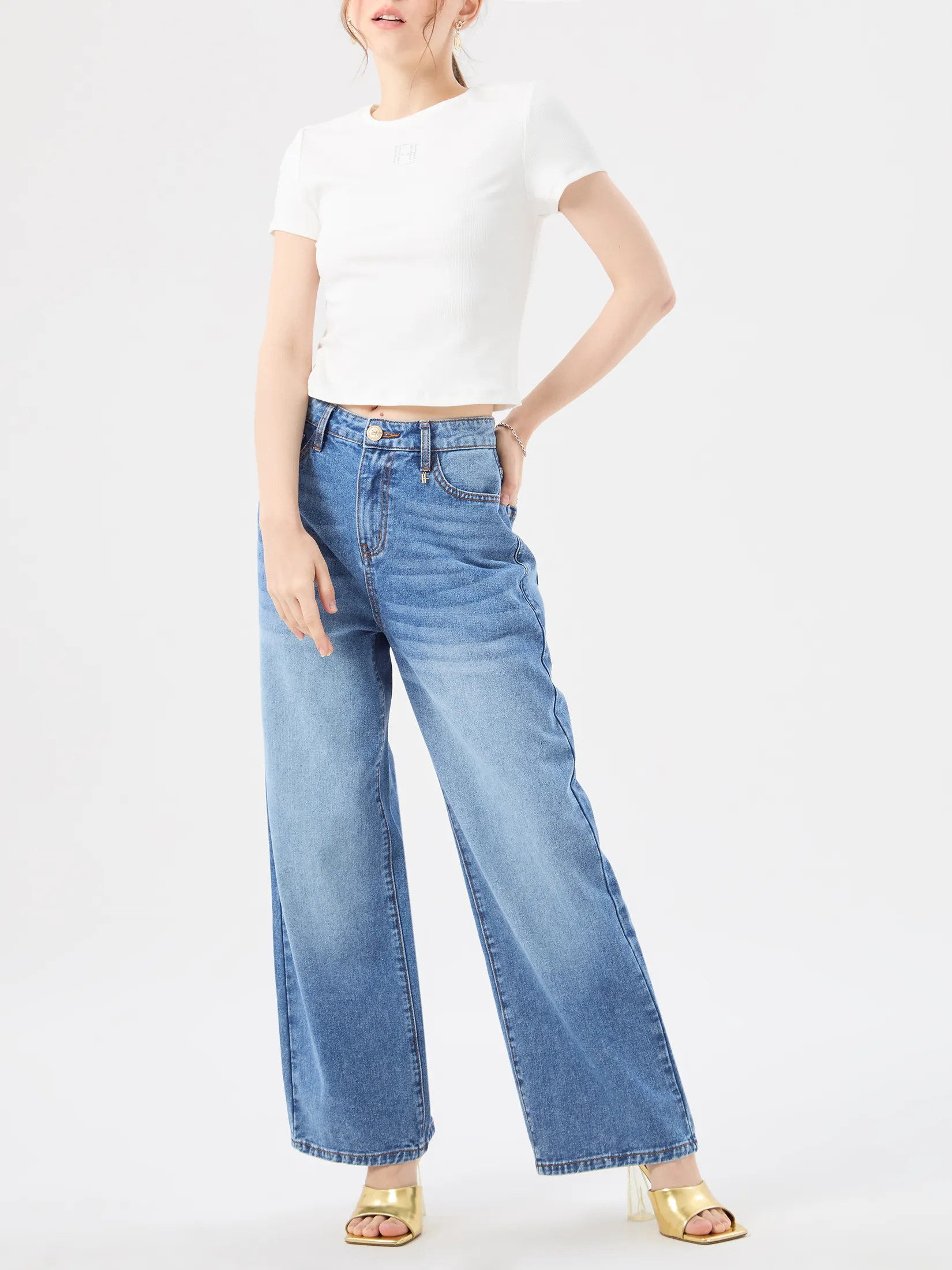 F-FASHION Wide-Leg Fit Jeans Women Blue