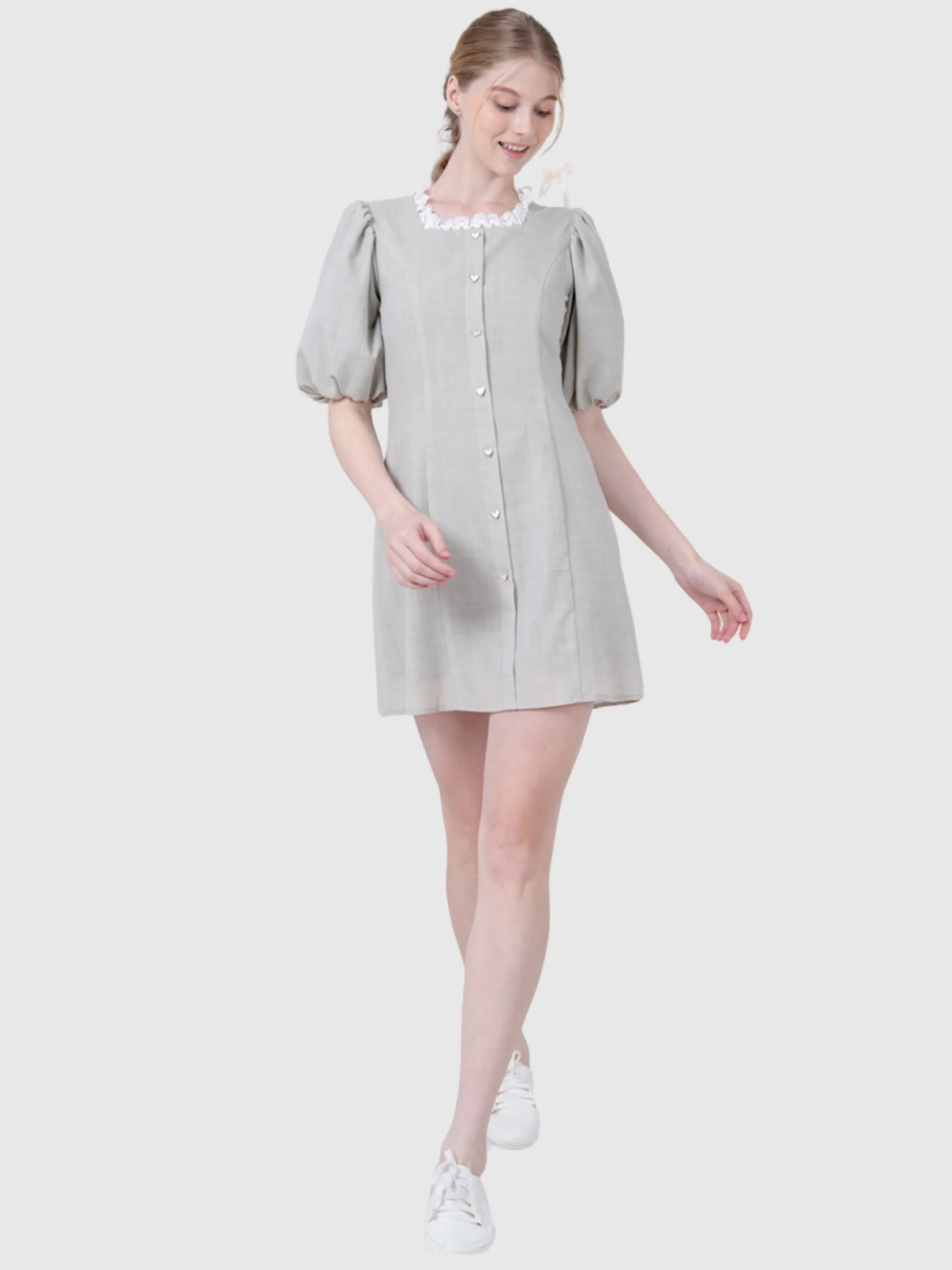 AMILA Women Dress Short Sleeves Cotton Linen Light green