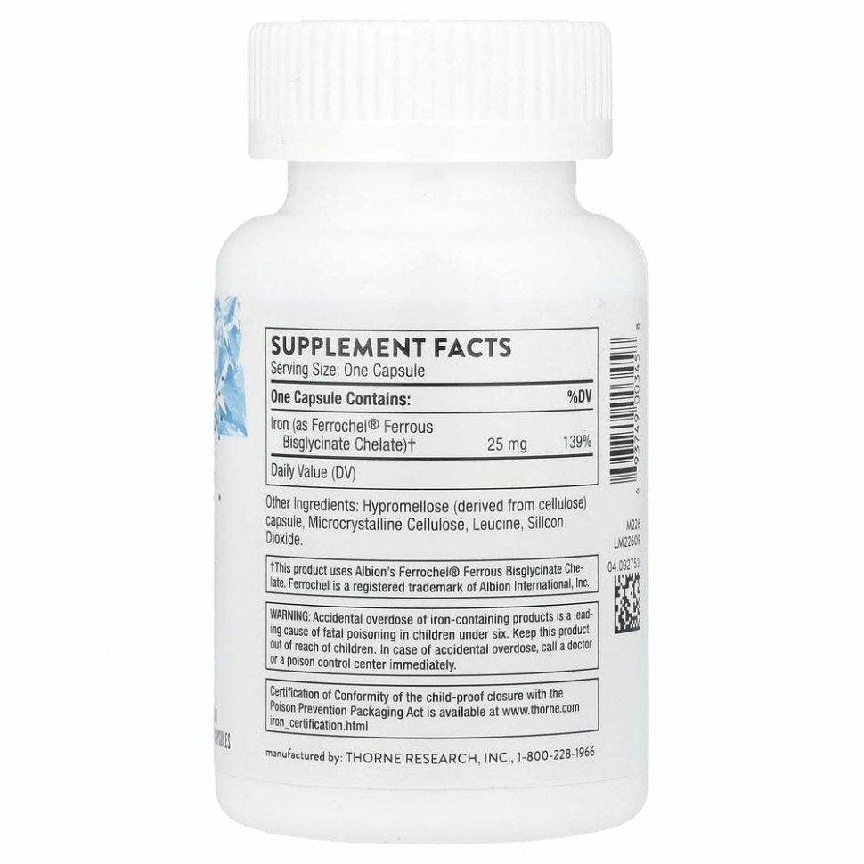 Thorne Research, бисглицинат железа, 60 капсул