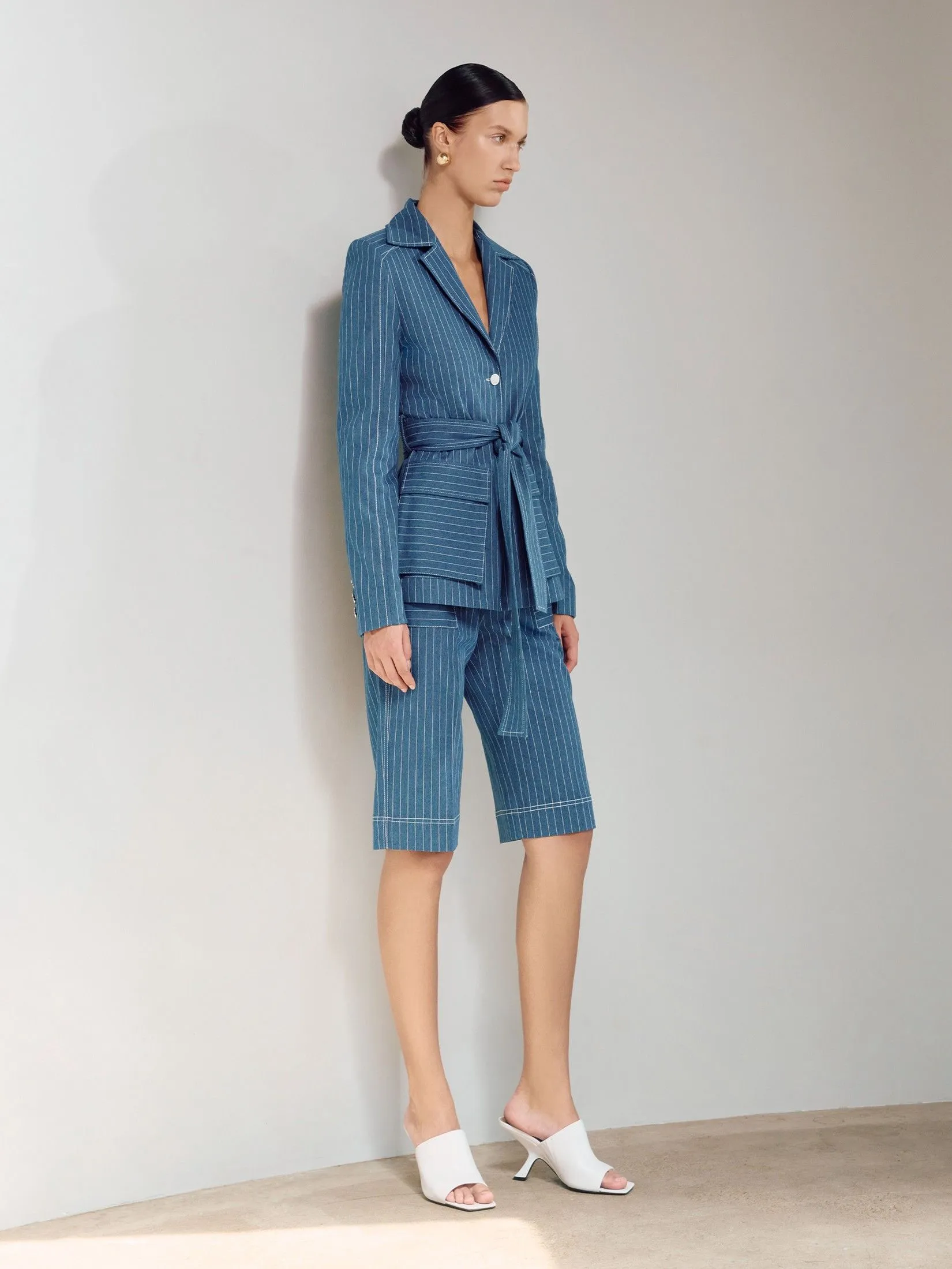 ASAVA ( SS25 )Pinstriped Denim Bermuda Women Shorts Blue