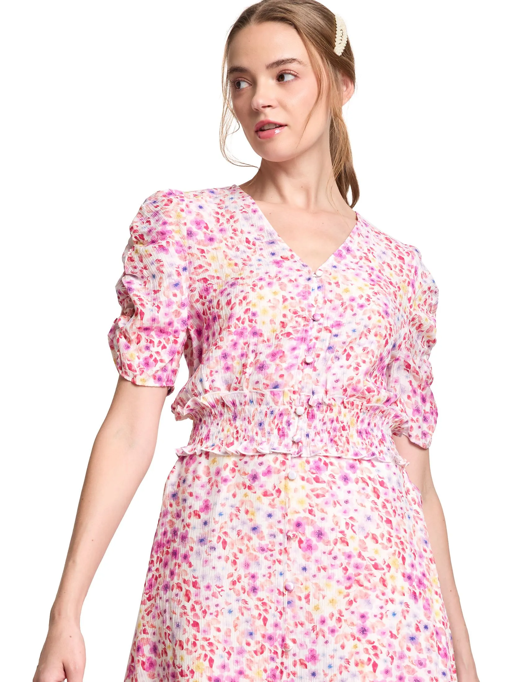 LOLITA Women Blouse Puff Sleeves V-Neck With Smock Waist