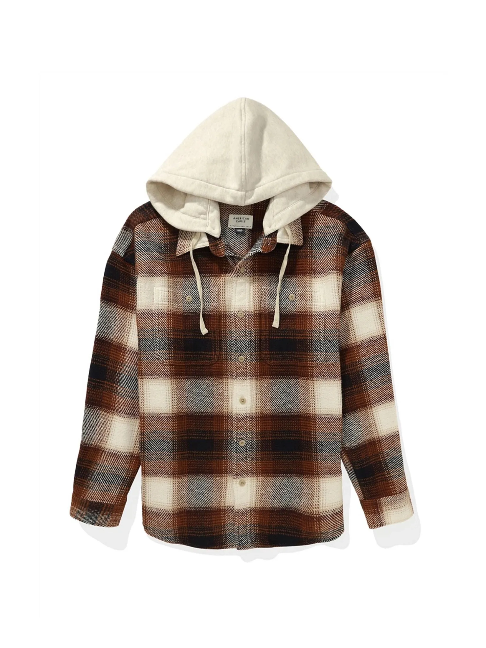 AMERICAN EAGLE MEN KENT PLAID OVERSIZED CSC HOODED ROGER FLANNEL 206 AMBER BROWN