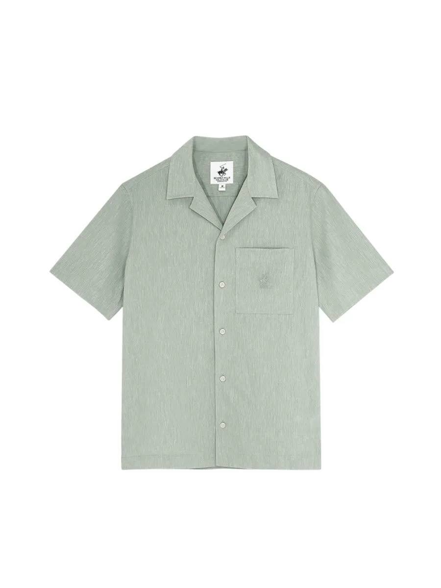 BEVERLY HILLS POLO CLUB Men Cotton Linen Open Collar Shirt Short Sleeve, Green
