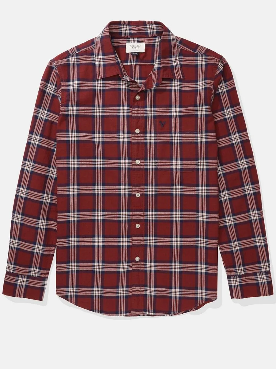 AMERICAN EAGLE MEN  SF CSC ANTHONY PLAID MADRAS SHIRT 613 BURGUNDY