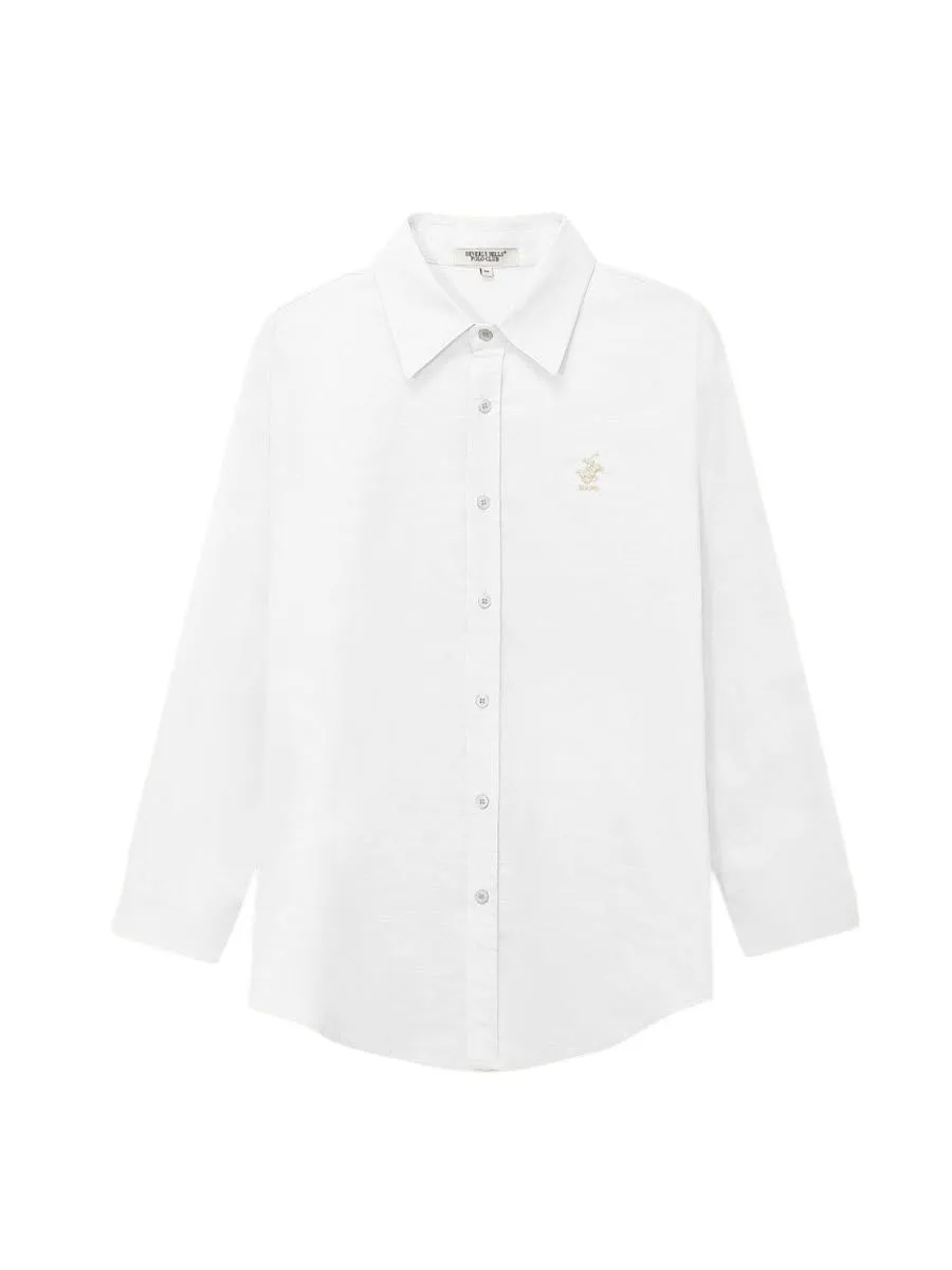 BEVERLY HILLS POLO CLUB Men Cotton Linen Relax Fit Shirt Long Sleeve, White