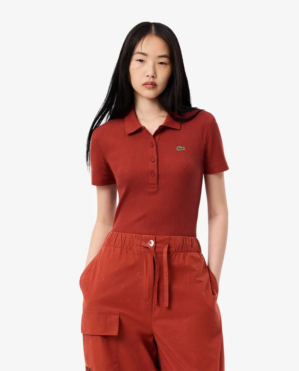 LACOSTE Slim Fit L.12.D Ribbed Cotton Polo Shirt Brown