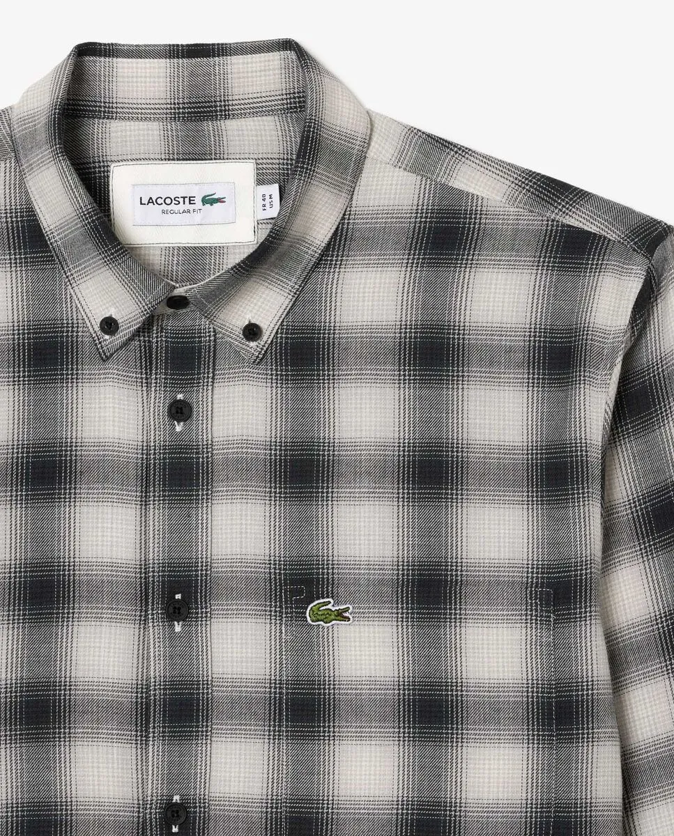LACOSTE Regular Fit Cotton and Wool Plaid Shirt Black