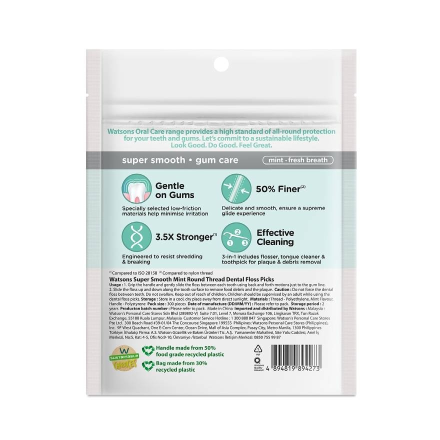 Watsons Super Smooth Mint Round Thread Dental Floss Picks300s with portable box.