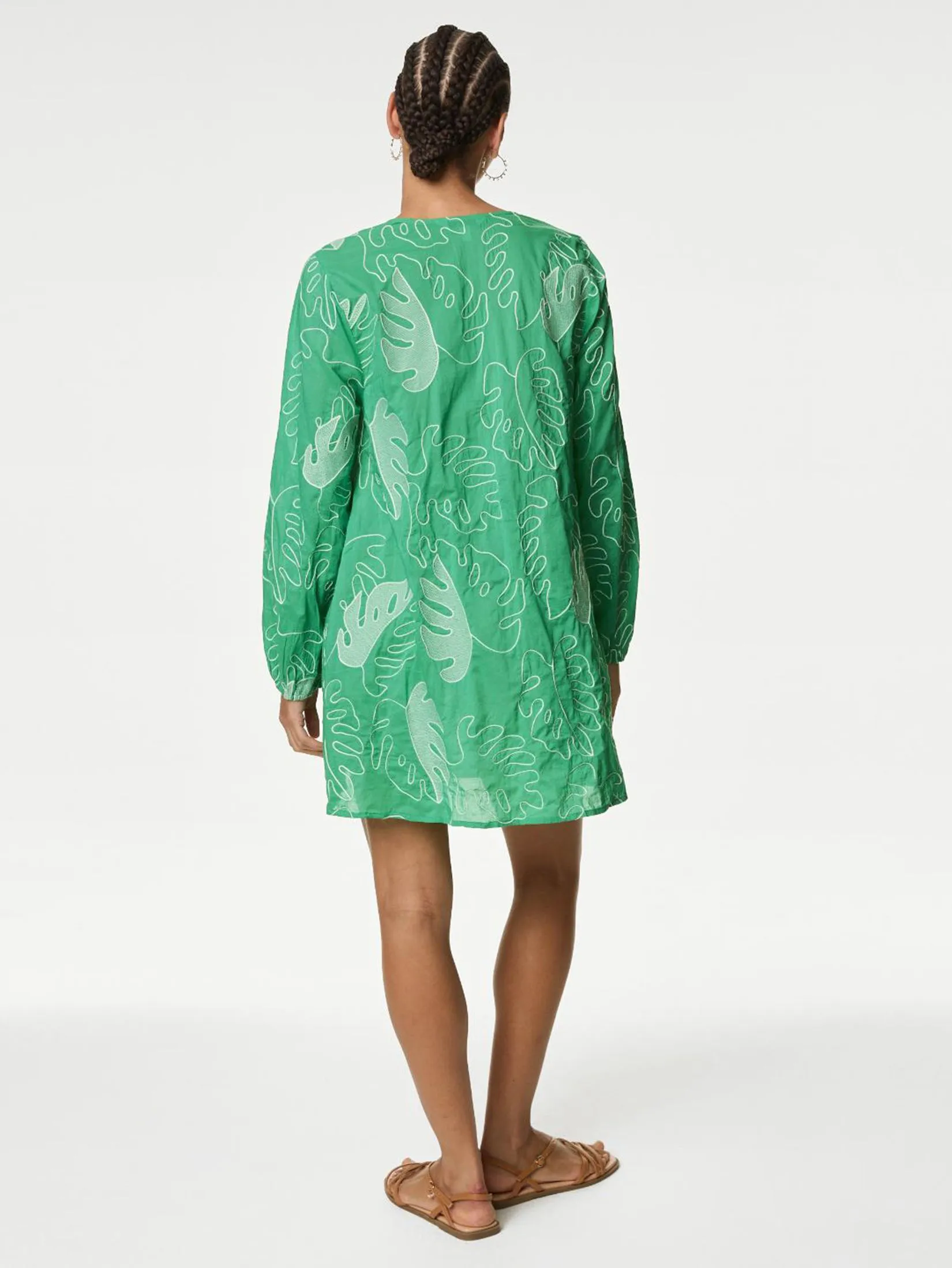 MARKS & SPENCER Women Mini Dress Pure Cotton Embroidered V-Neck Beach Medium Green