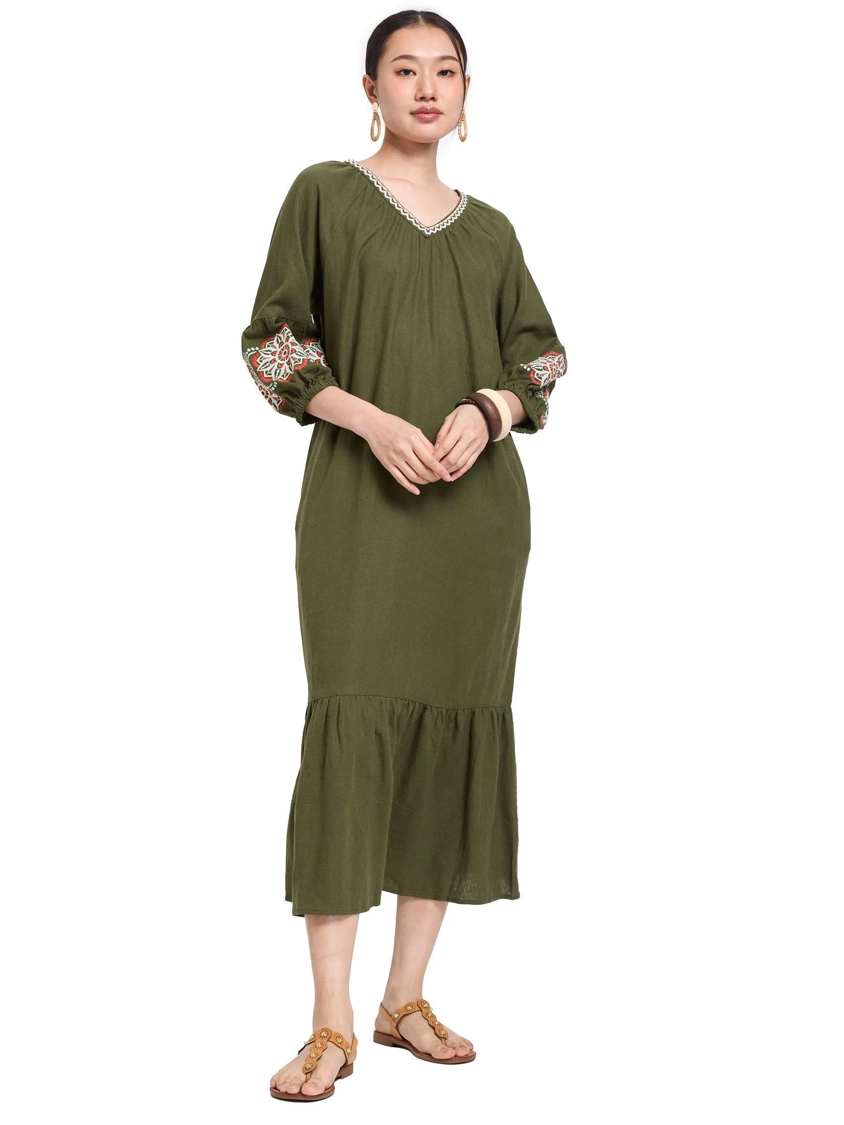 JOURNAL Women Dress Long Sleeves V-Neck Cuff Embroidered Band