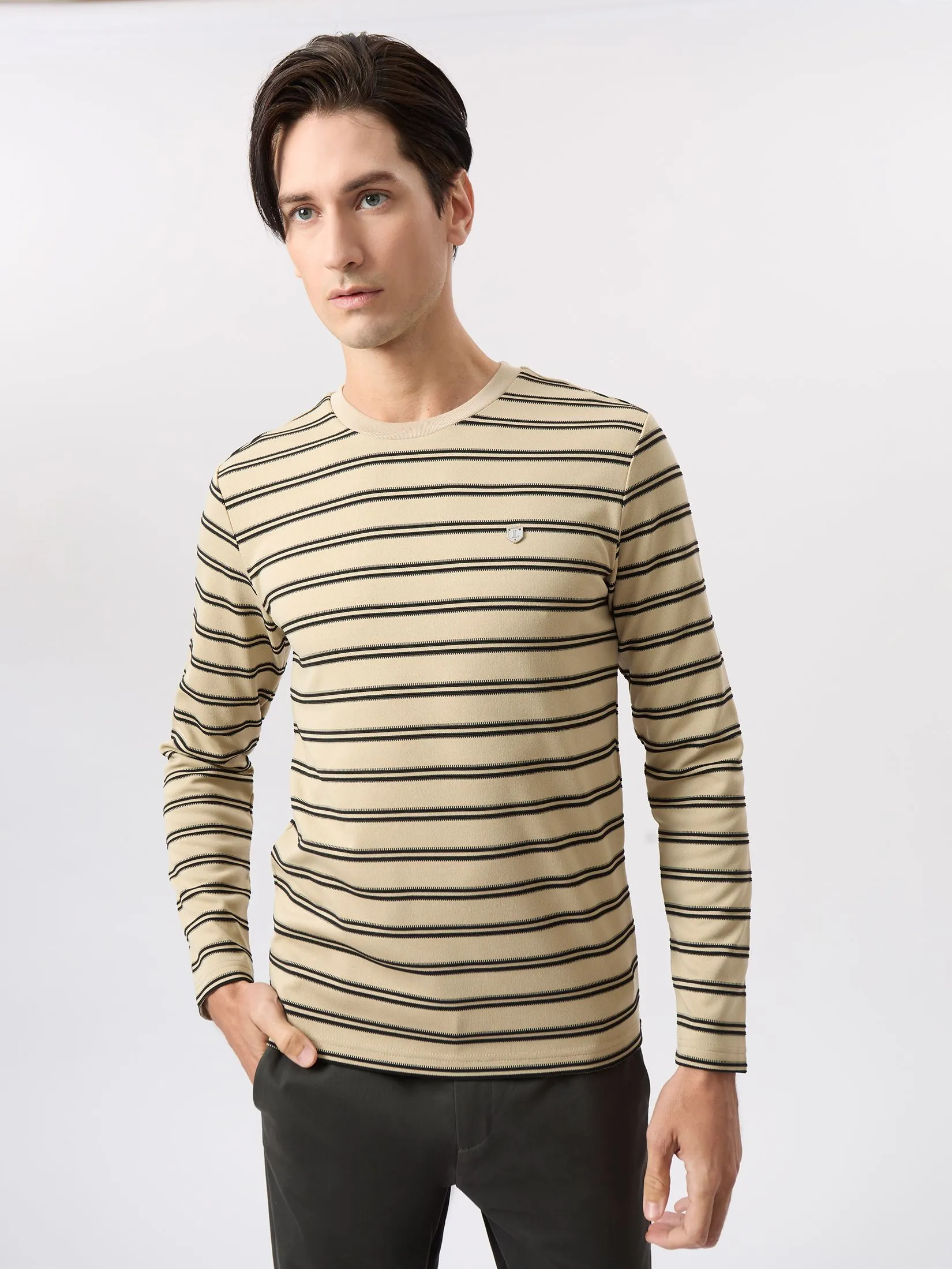 LTD Striped Long-Sleeve T-shirt Men Beige