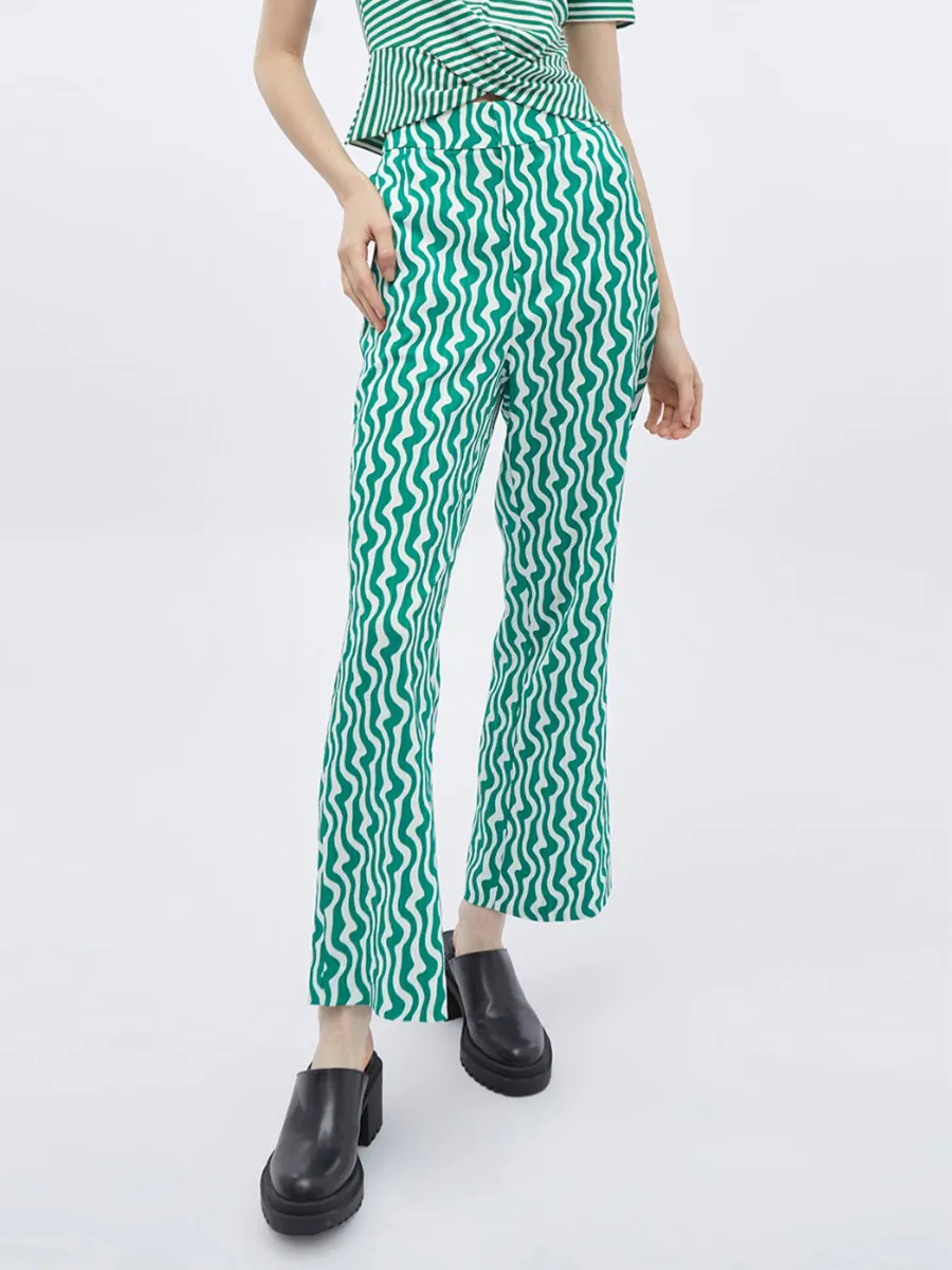 F-FASHION Abstract Animal Print Wide Leg Trousers Women Dark Green