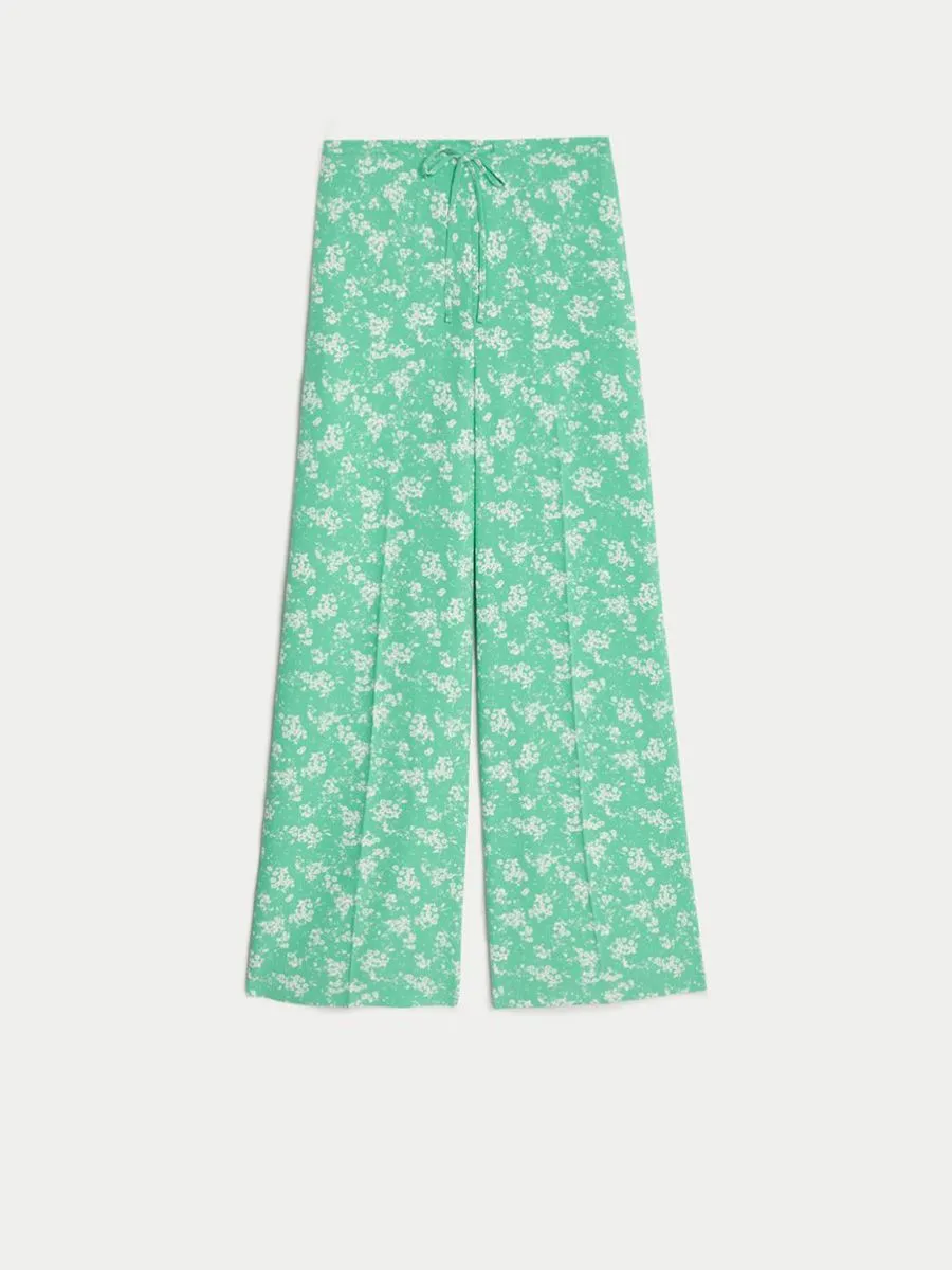 MARKS & SPENCER Women Trousers Floral Drawstring Wide Leg Green Mix