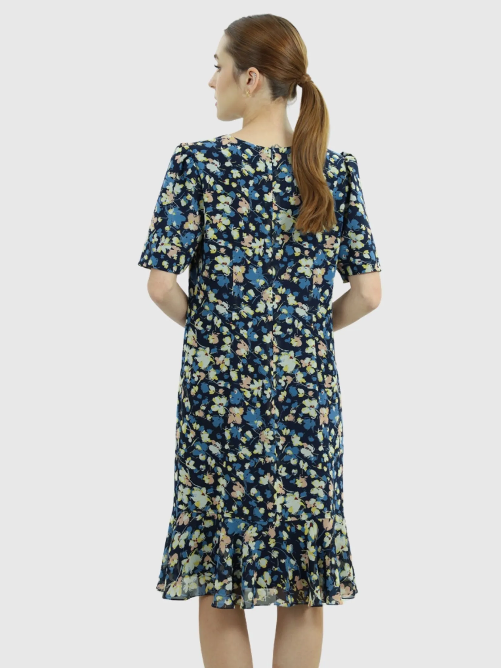 VERONIQA Women Dress Short Sleeves Chiffon Print Navy Blue