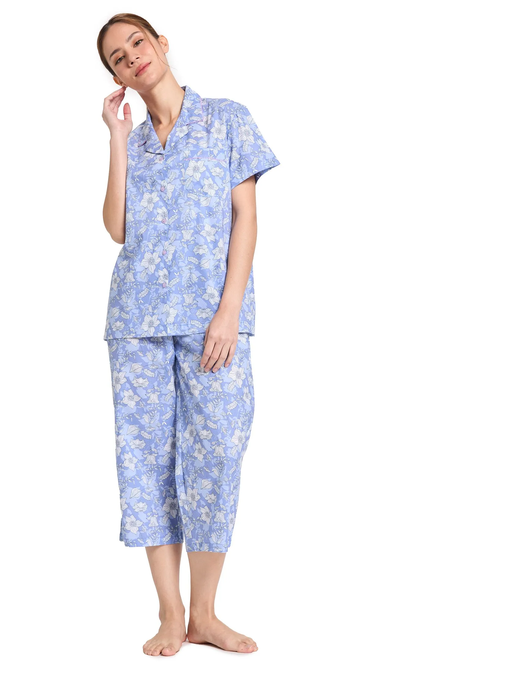 CLAUDIA'S ROMANCE Women Pyjamas Hawaii Shirt Short Sleeves + Cropped Pants Print Blue
