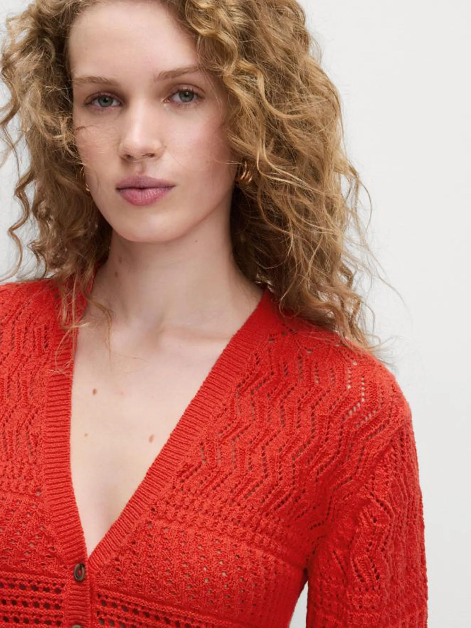 MARKS & SPENCER Women Cardigan V-Neck Button Front Cotton Blend Pointelle Tomato