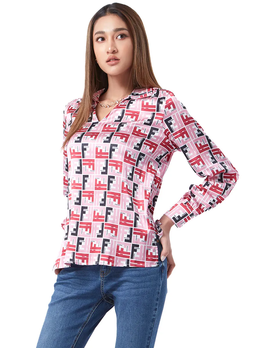 F-FASHION V-Cut Neck Satin Blouse Women MID PINK