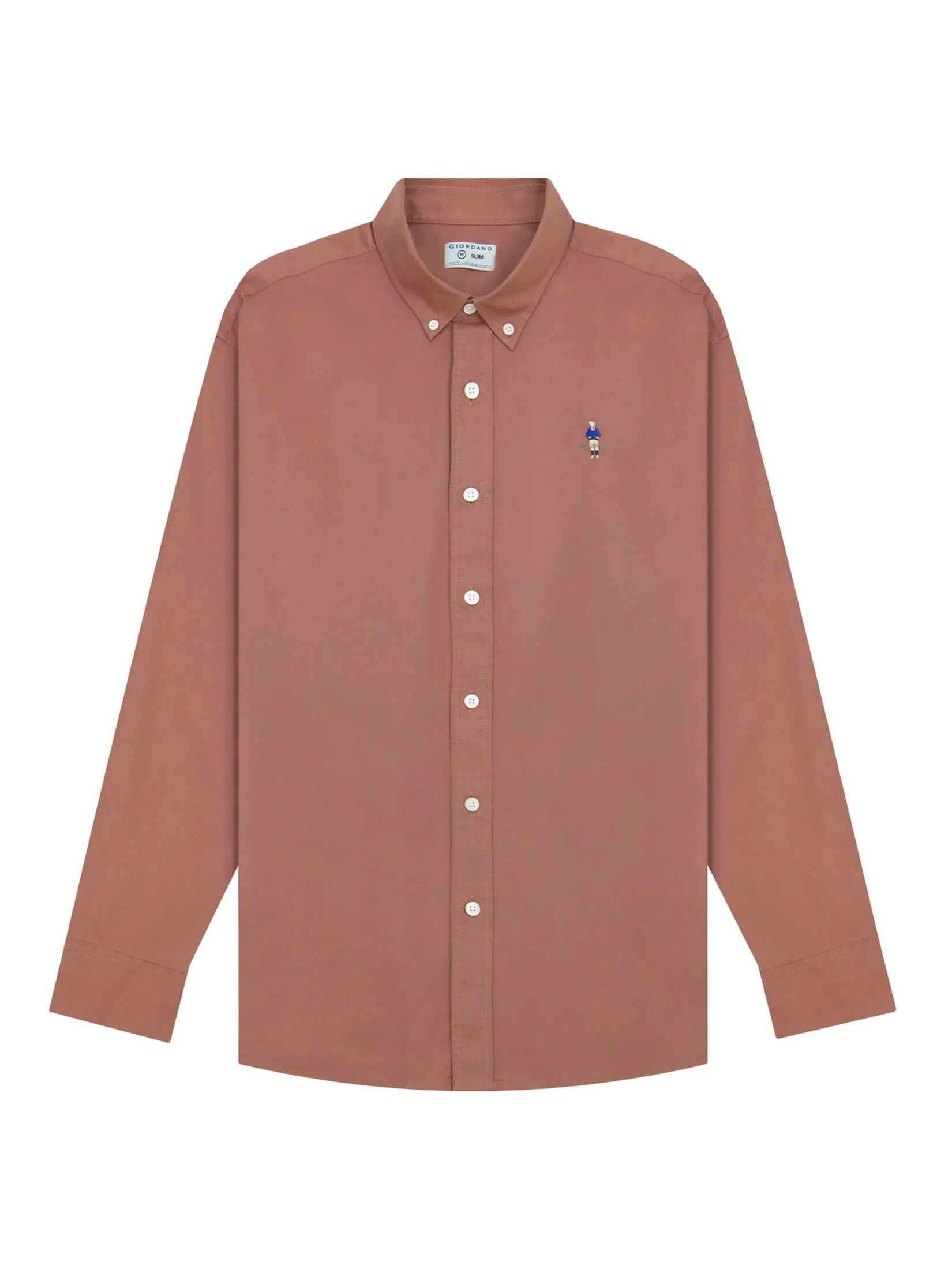 GIORDANO Men's Slim Embroidery Stretch Oxford Shirts (Classic Man) Brown