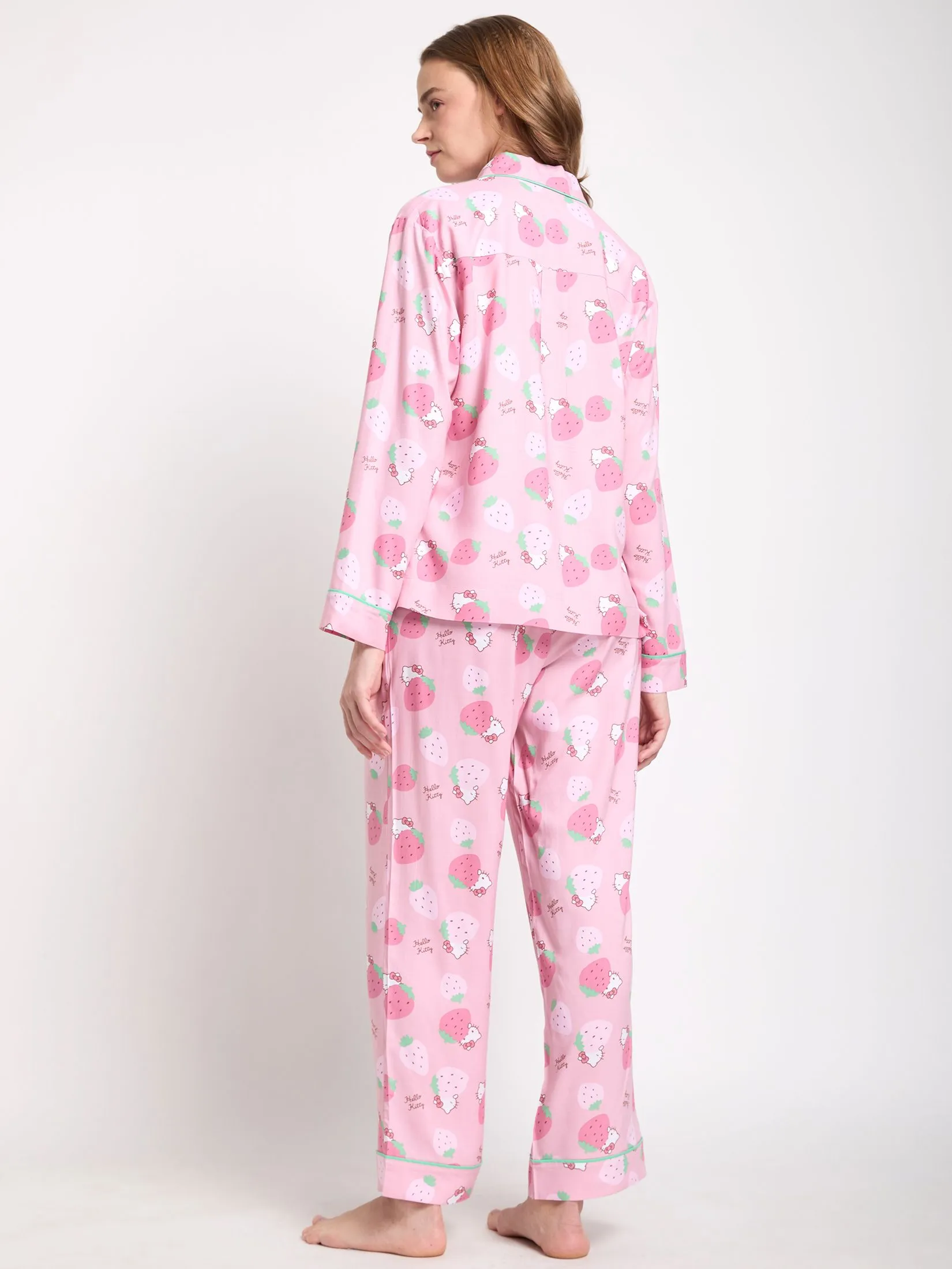 SANRIO Women Pyjamas Shirt Long Sleeves + Pants Strawberry Hello Kitty Pink