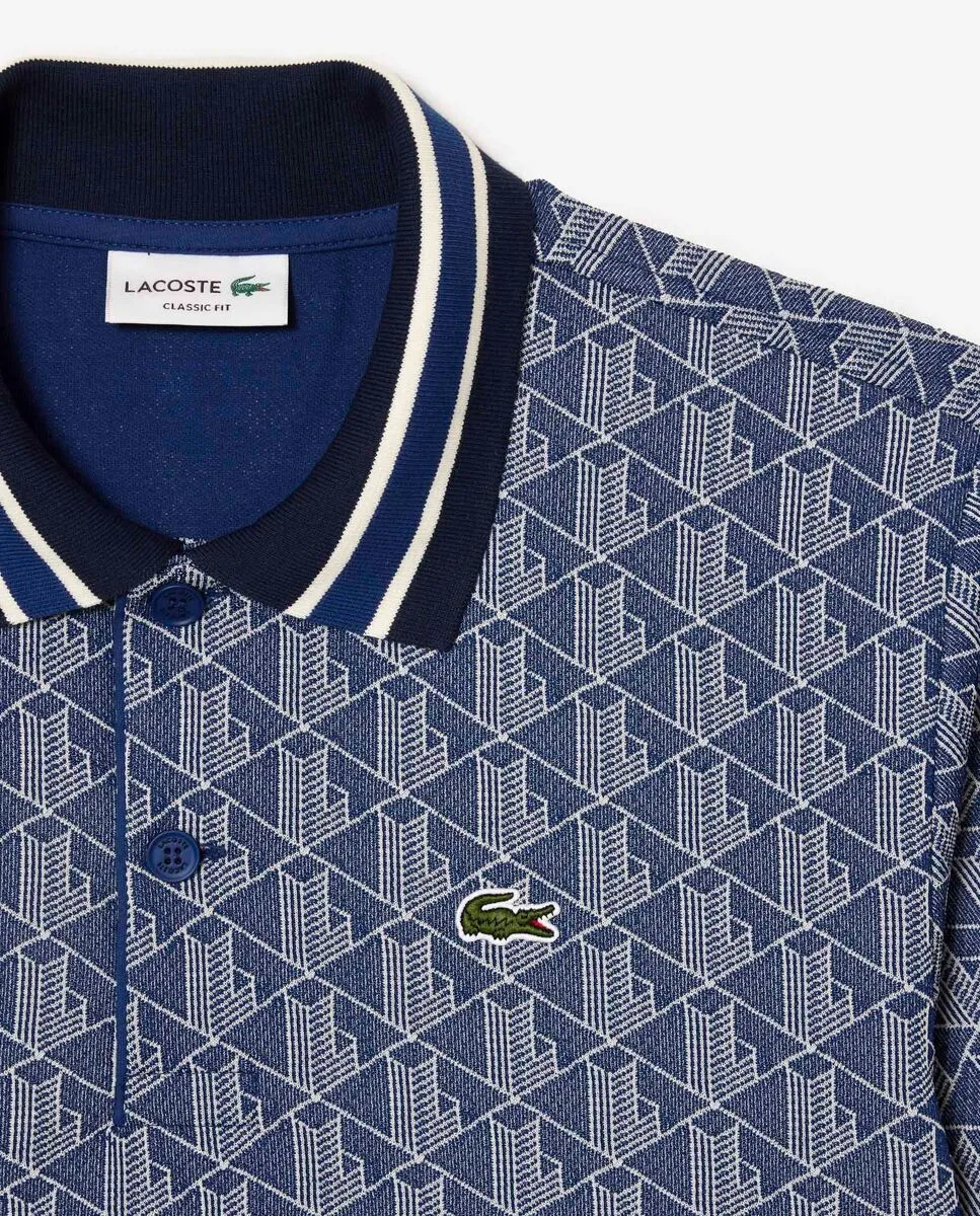 LACOSTE Navy Blue Classic Fit Contrast Collar Monogram Motif Polo Shirt