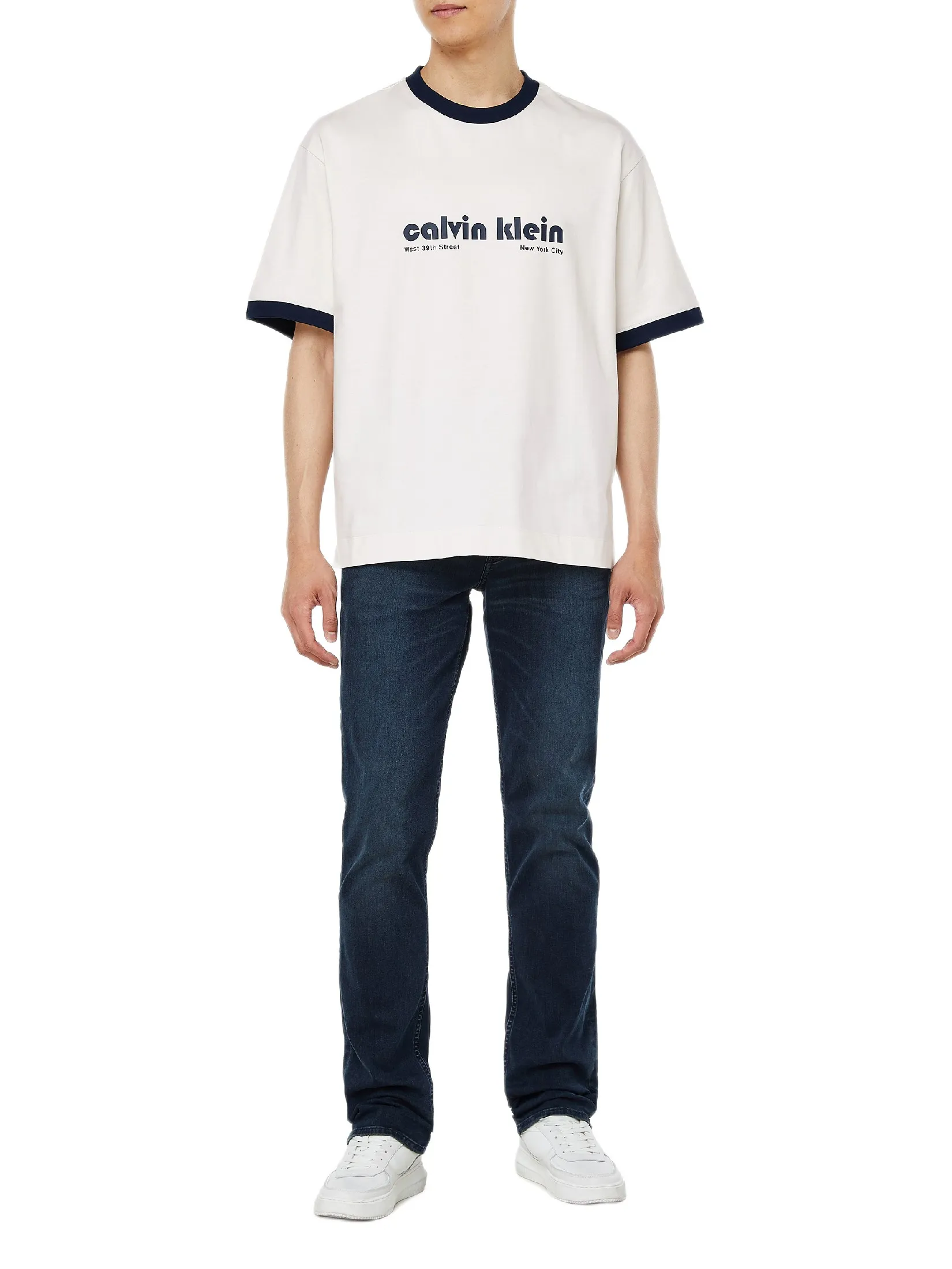 CALVIN KLEIN Men s Relaxed Fit Retro Logo Ringer Short Sleeve T-Shirt White