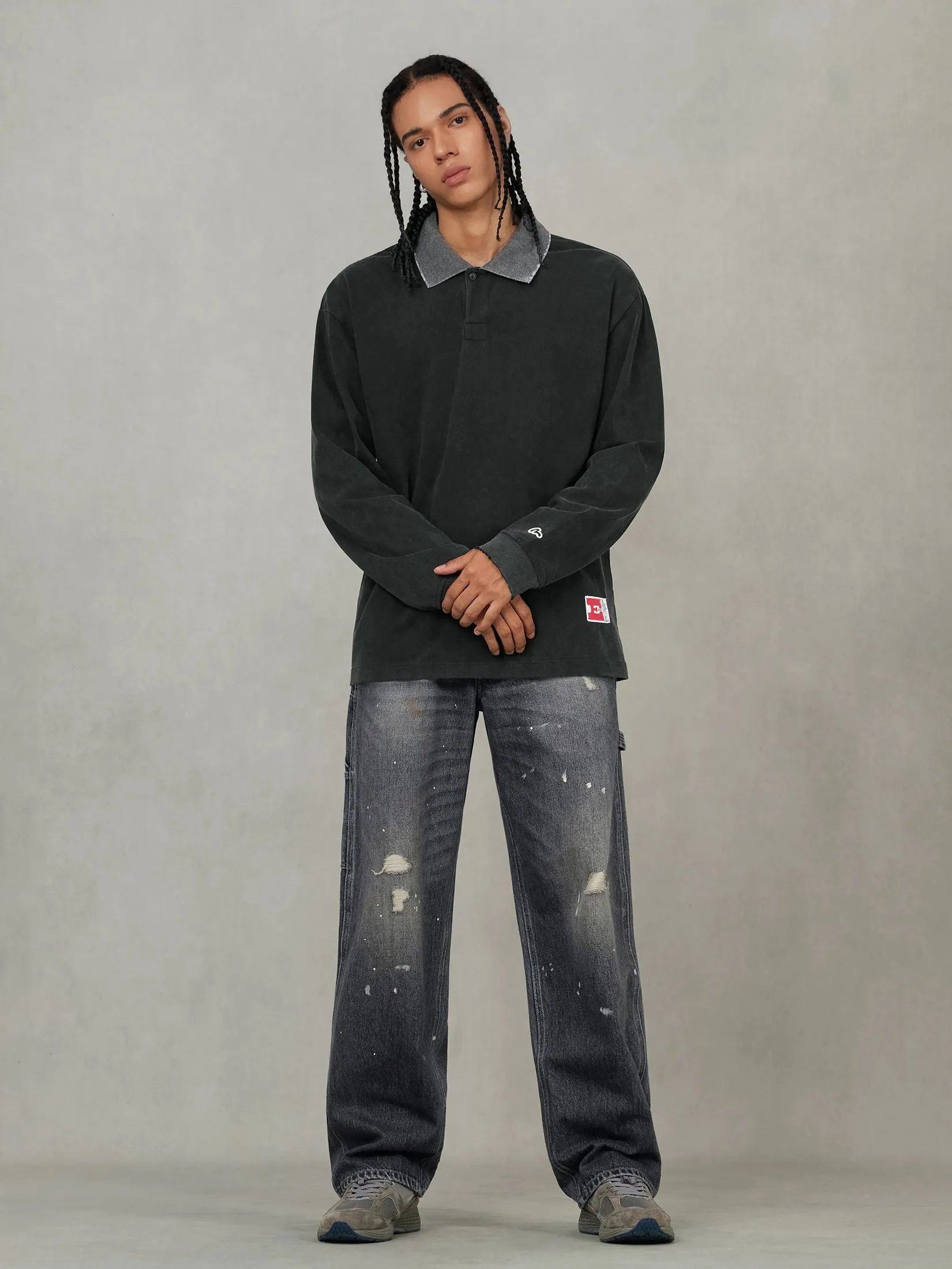 EVISU Men T-Shirt Long-Sleeve Seagull Appliqué Relax Fit Charcoal