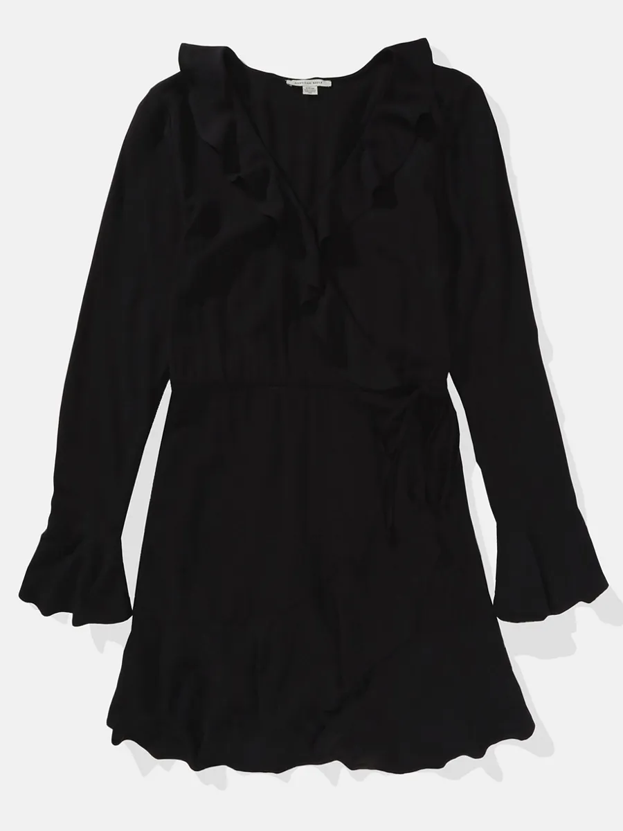 AMERICAN EAGLE WOMEN 7443 INTL RUFFLE WRAP MINI DRESS 001 BLACK